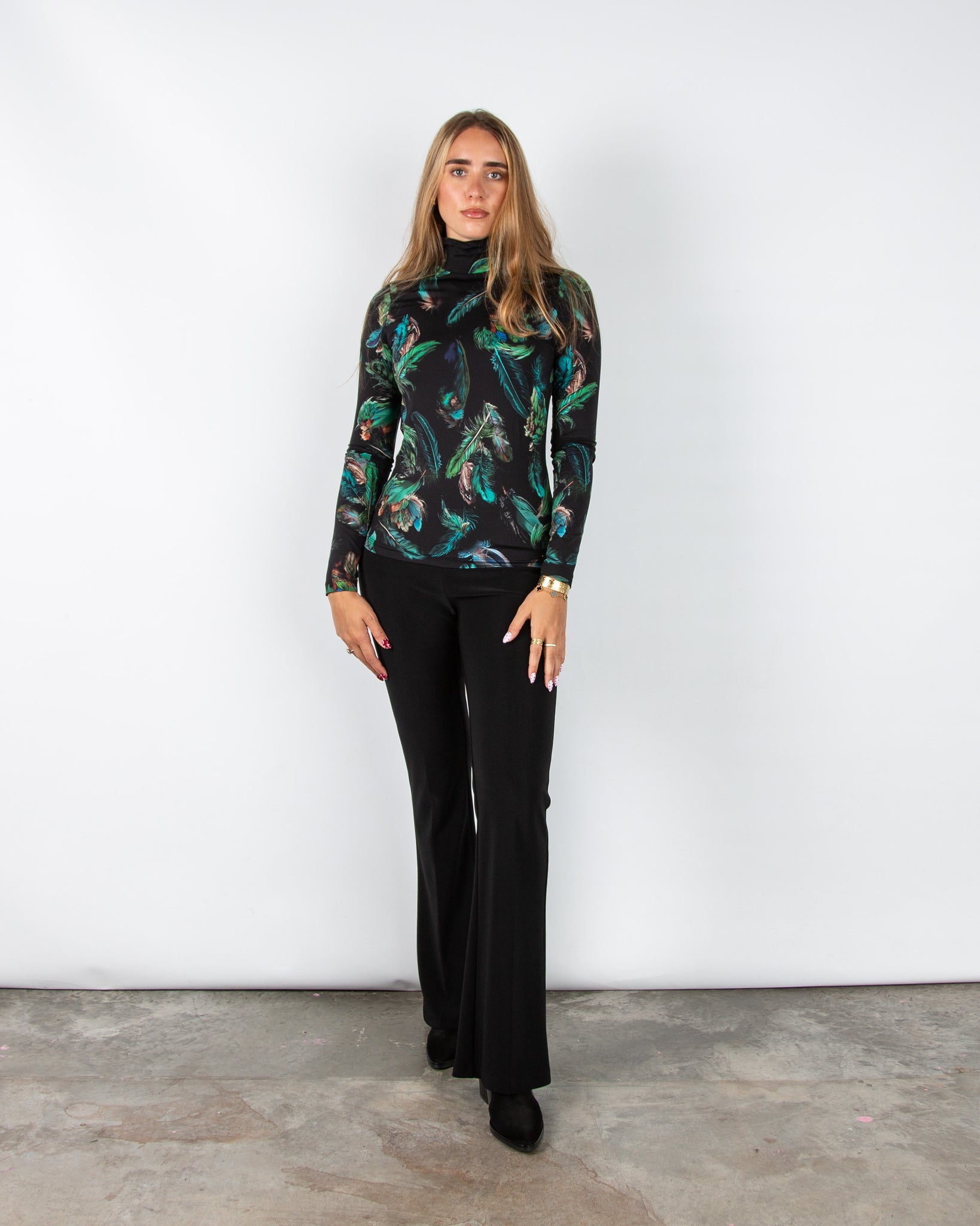 Marc Cain Mystic Plumage Feather Print Fitted Polo Neck Top Black/emerald