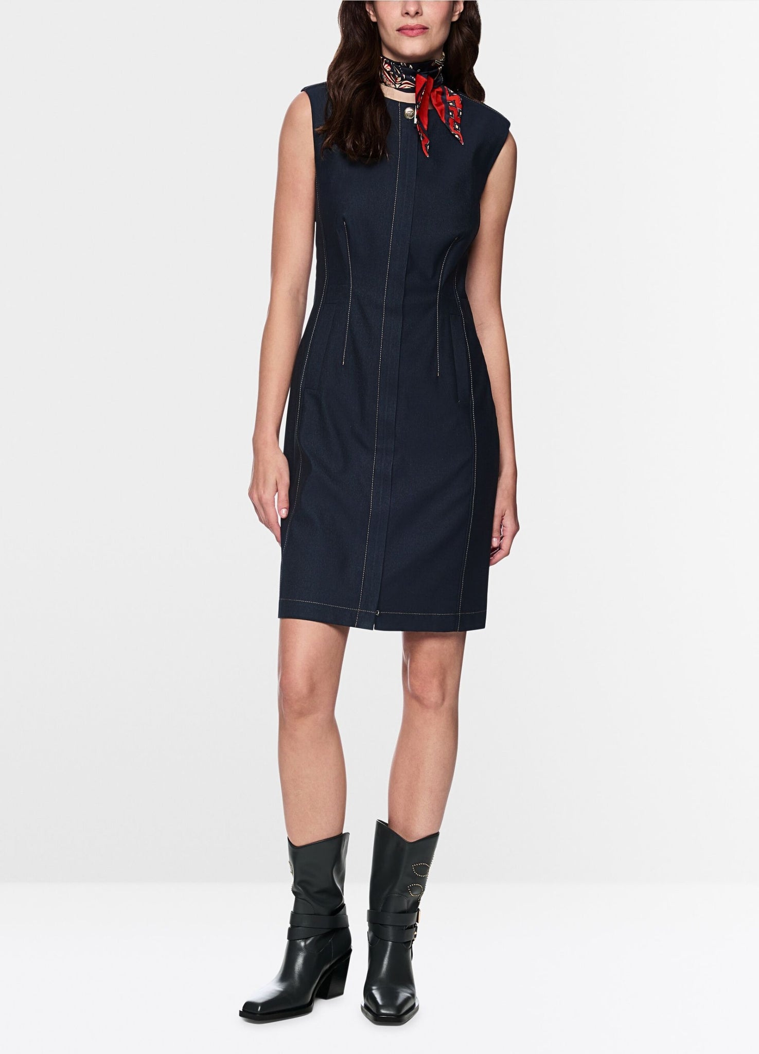 Marc Cain Prairie Muse Crew Neck Sleeveless Fitted Denim Dress Dark Denim