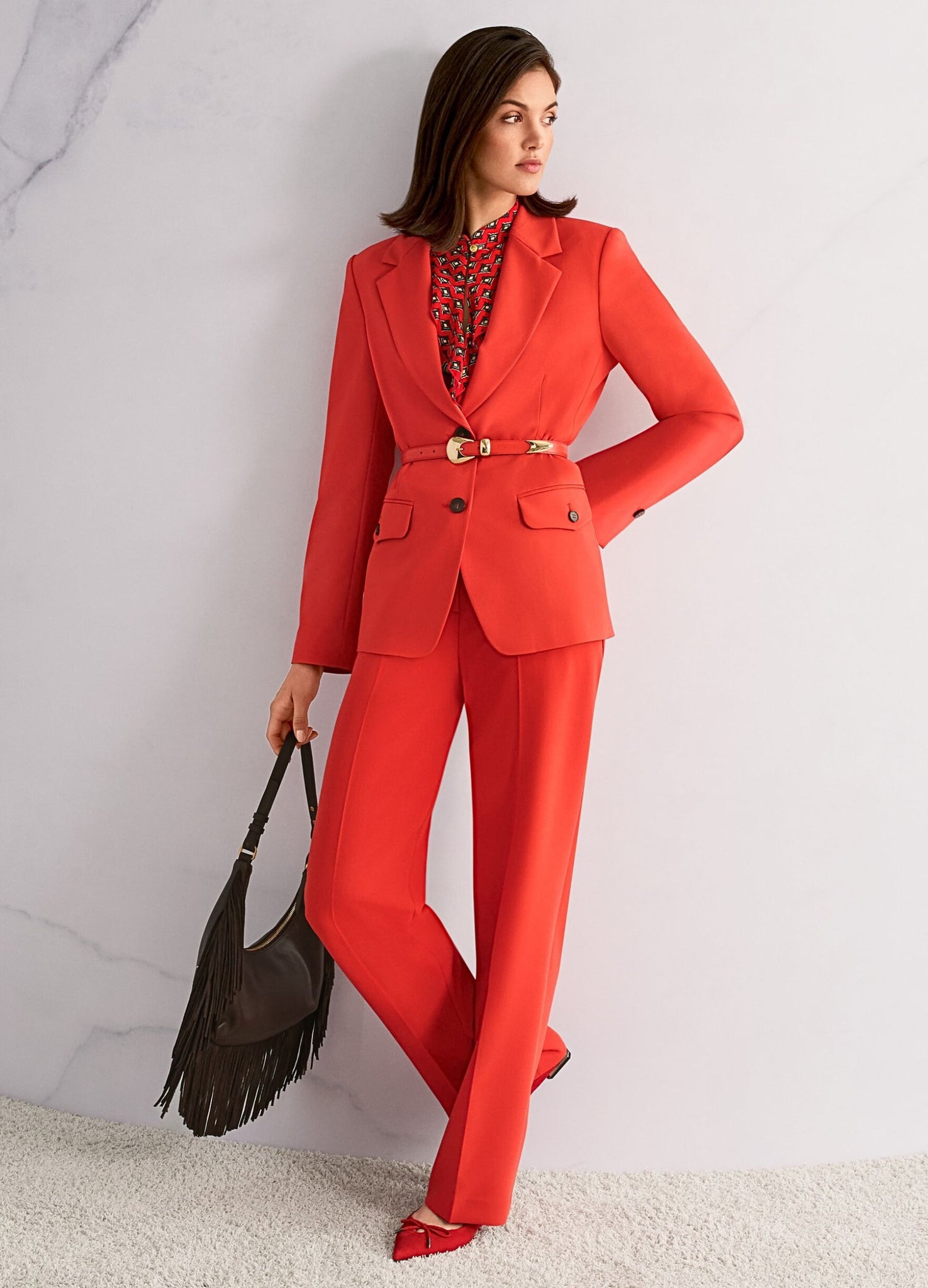 Marc Cain Prairie Muse Ruffle Front Diamond Print Blouse Aurora Red