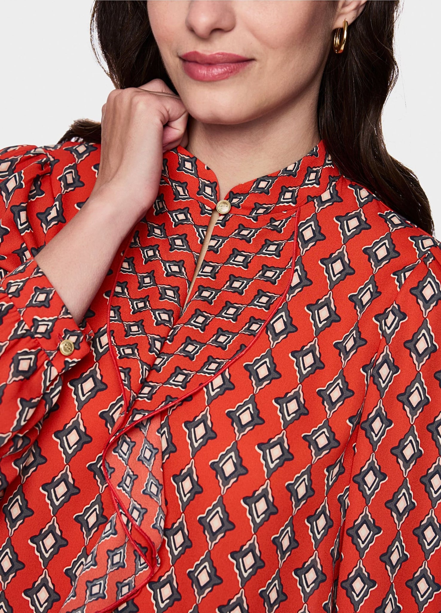 Marc Cain Prairie Muse Ruffle Front Diamond Print Blouse Aurora Red