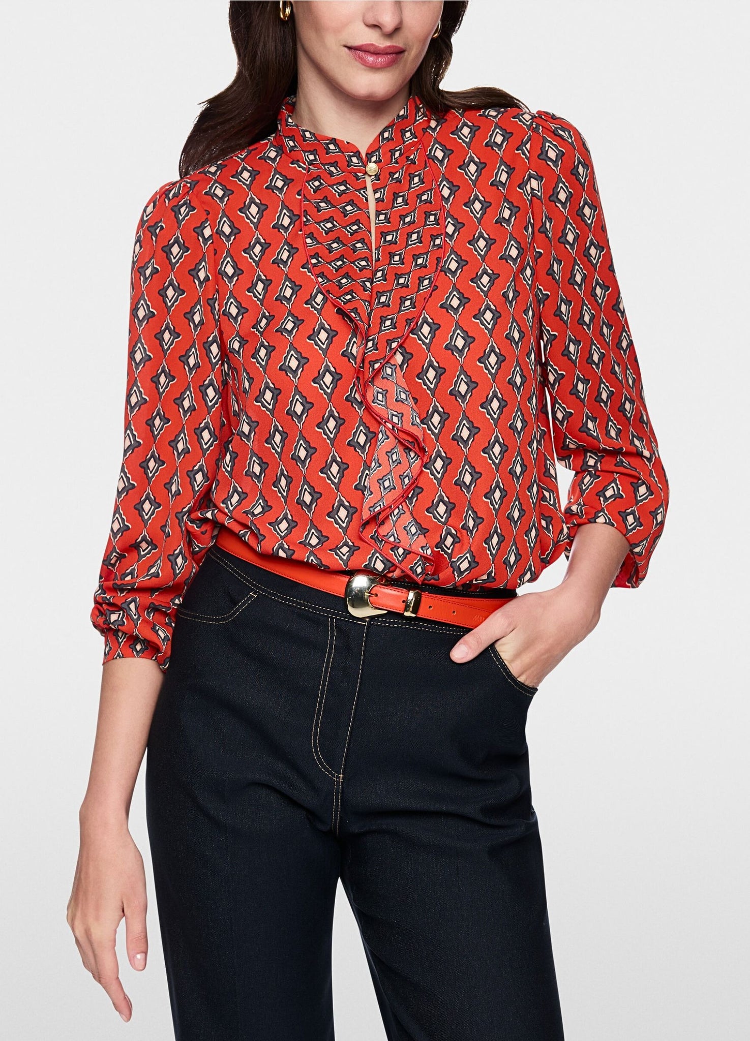 Marc Cain Prairie Muse Ruffle Front Diamond Print Blouse Aurora Red