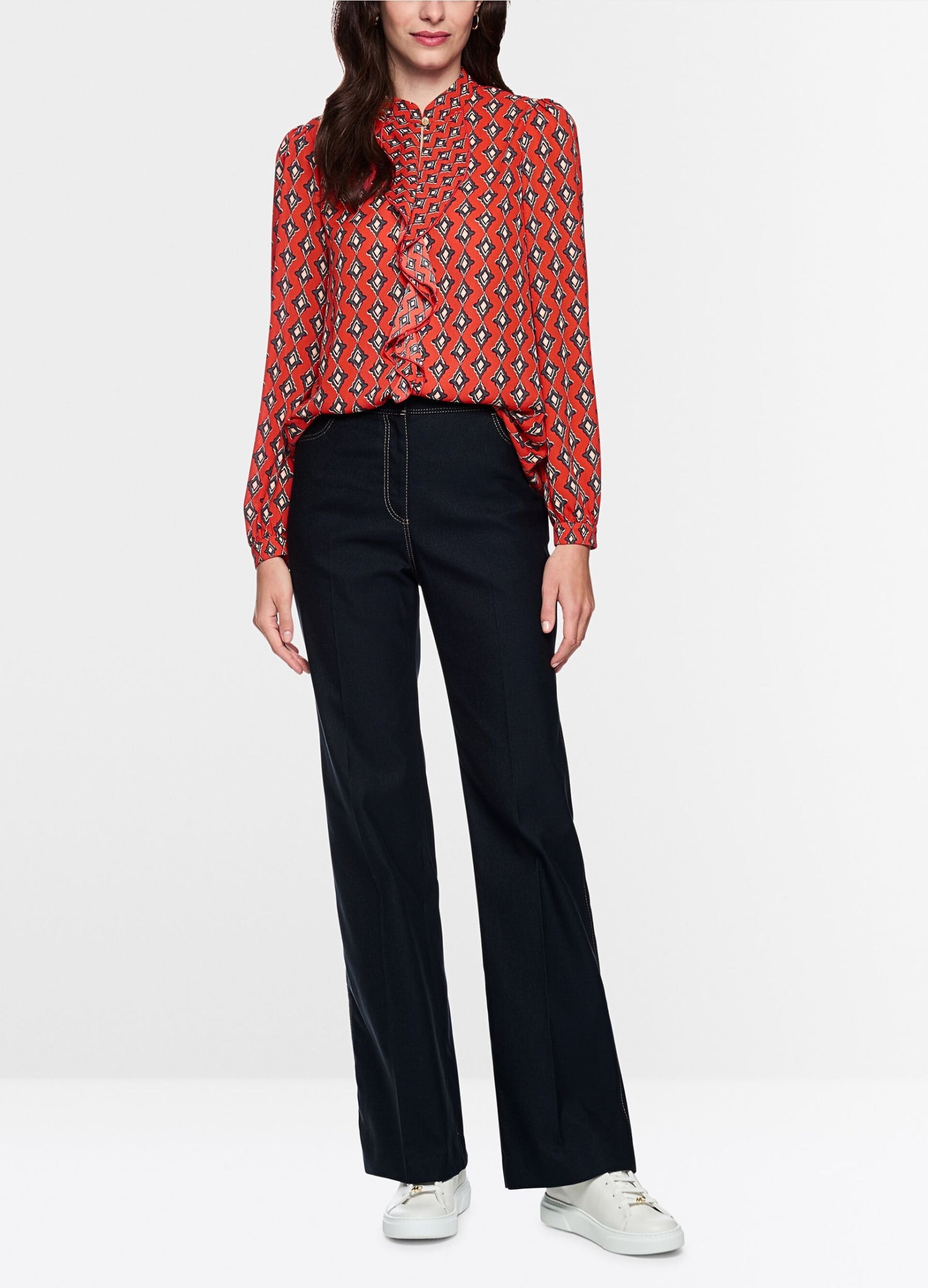 Marc Cain Prairie Muse Ruffle Front Diamond Print Blouse Aurora Red