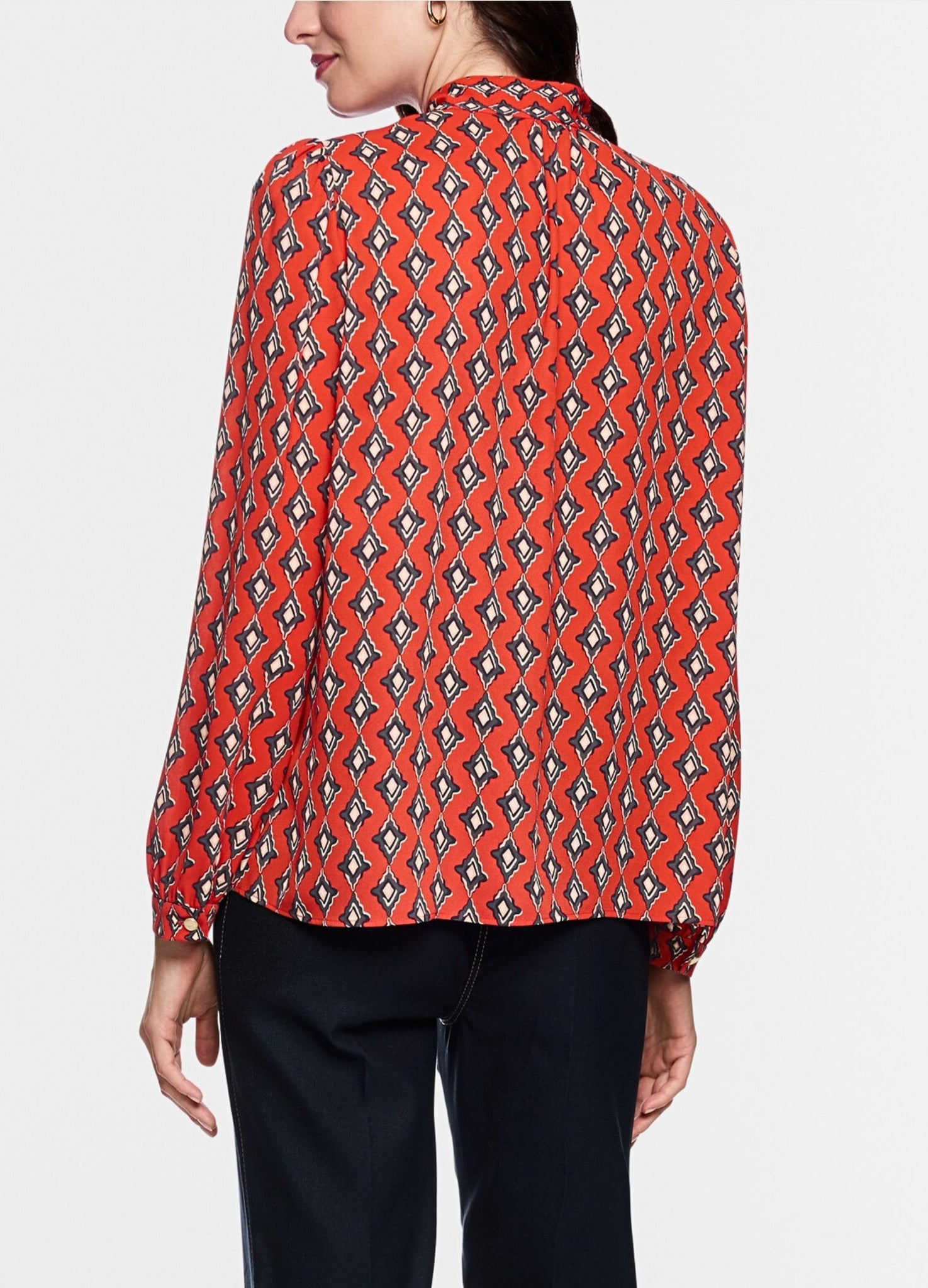 Marc Cain Prairie Muse Ruffle Front Diamond Print Blouse Aurora Red