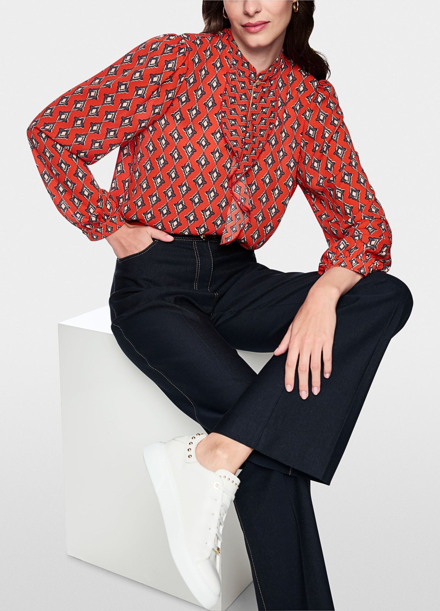 Marc Cain Prairie Muse Ruffle Front Diamond Print Blouse Aurora Red