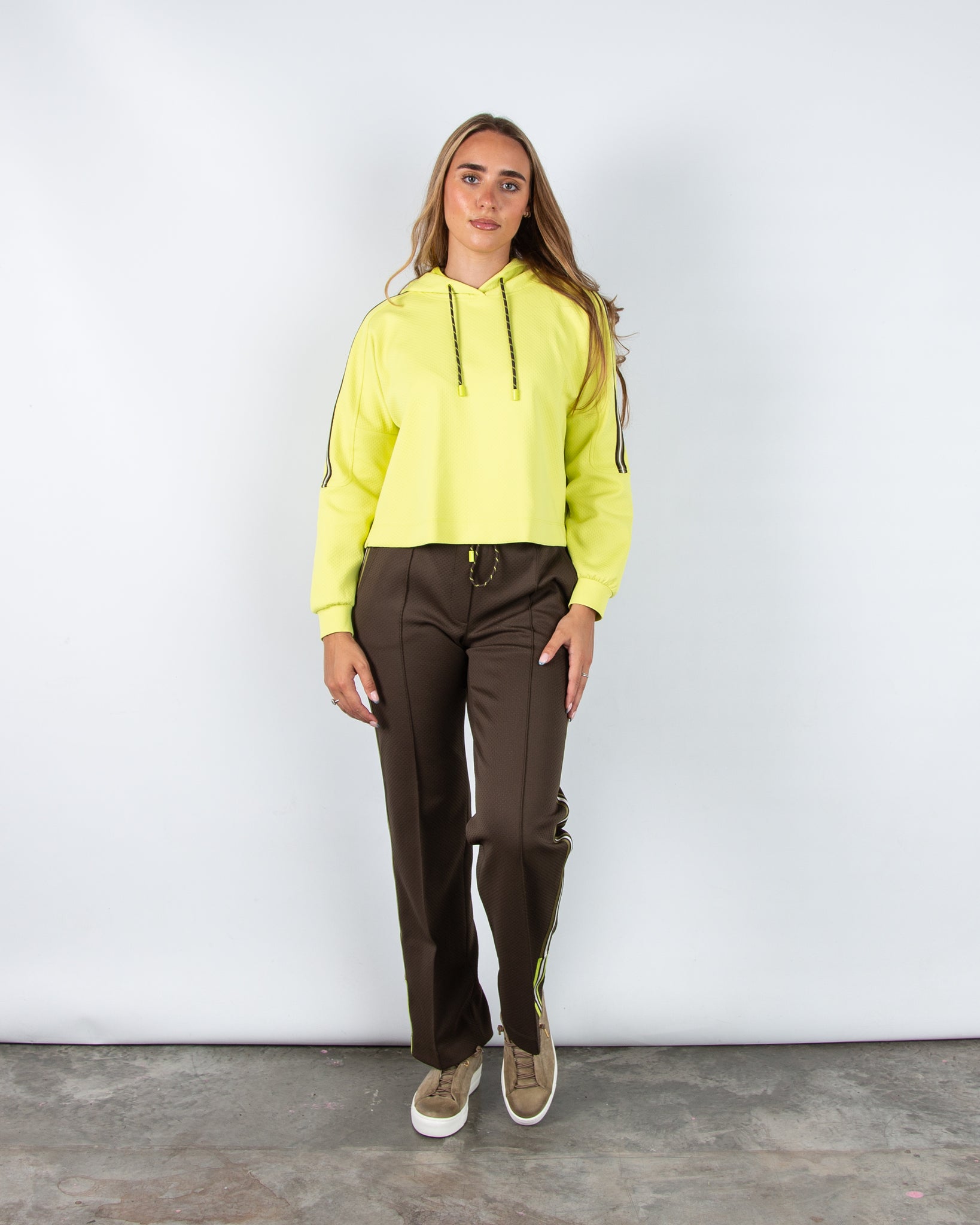 Marc Cain Sporty Hooded Sweater With Stripe Sleeve Lime