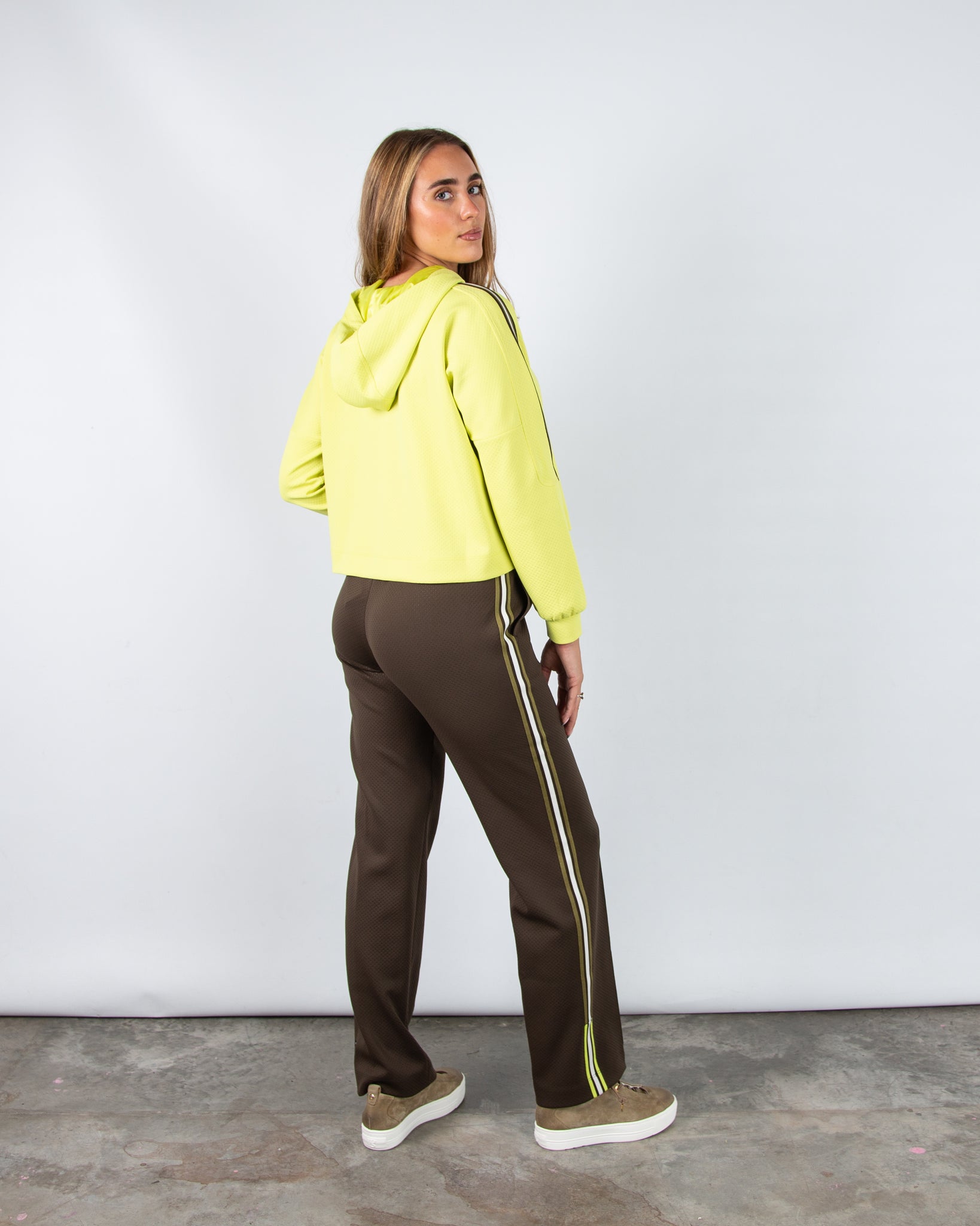 Marc Cain Sporty Hooded Sweater With Stripe Sleeve Lime