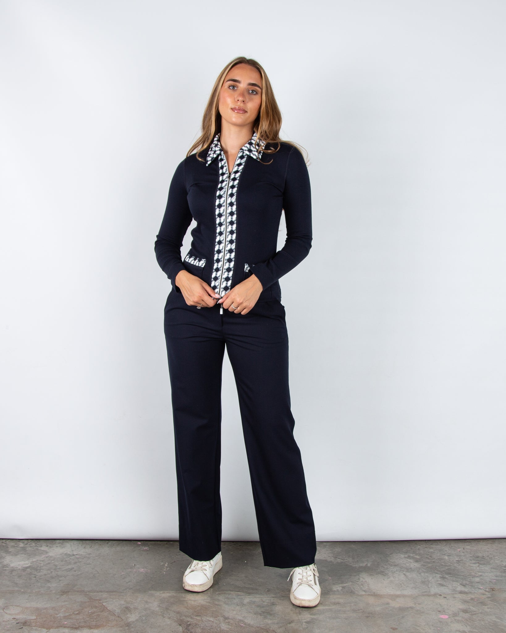 Marc Cain Fitted Cotton Rib Jersey Jacket Navy/white