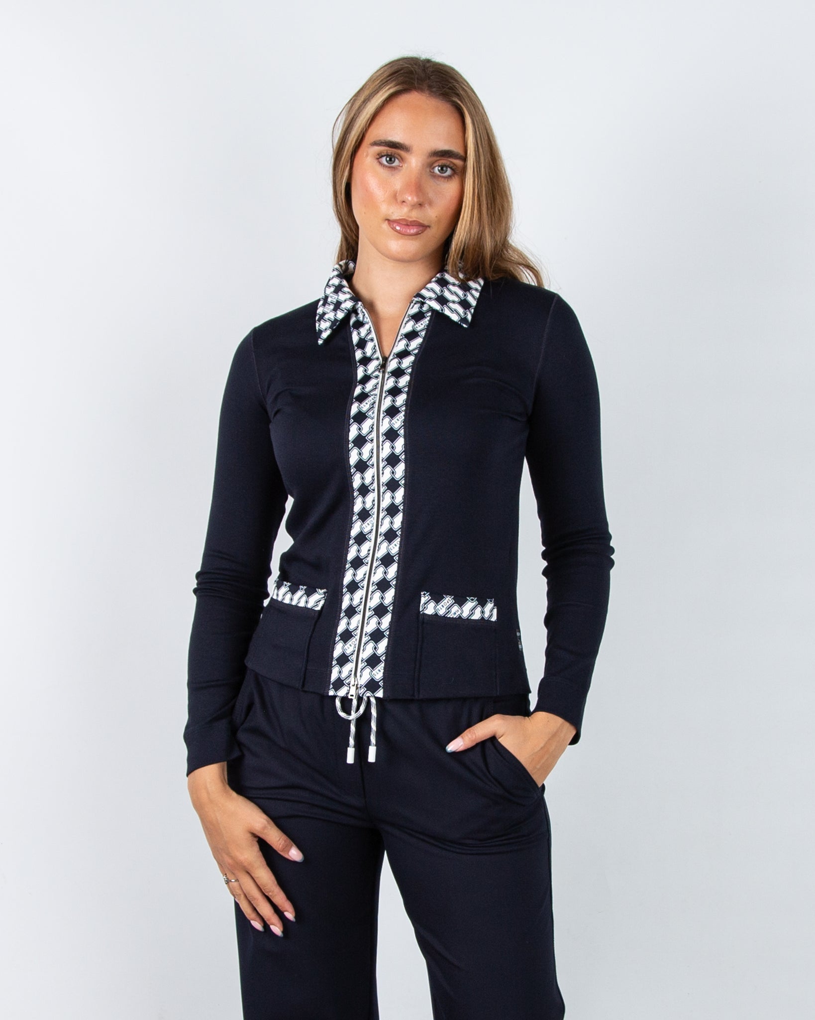 Marc Cain Fitted Cotton Rib Jersey Jacket Navy/white