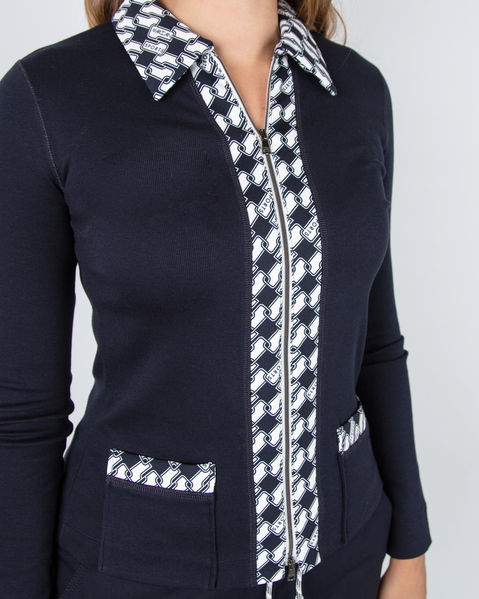 Marc Cain Fitted Cotton Rib Jersey Jacket Navy/white