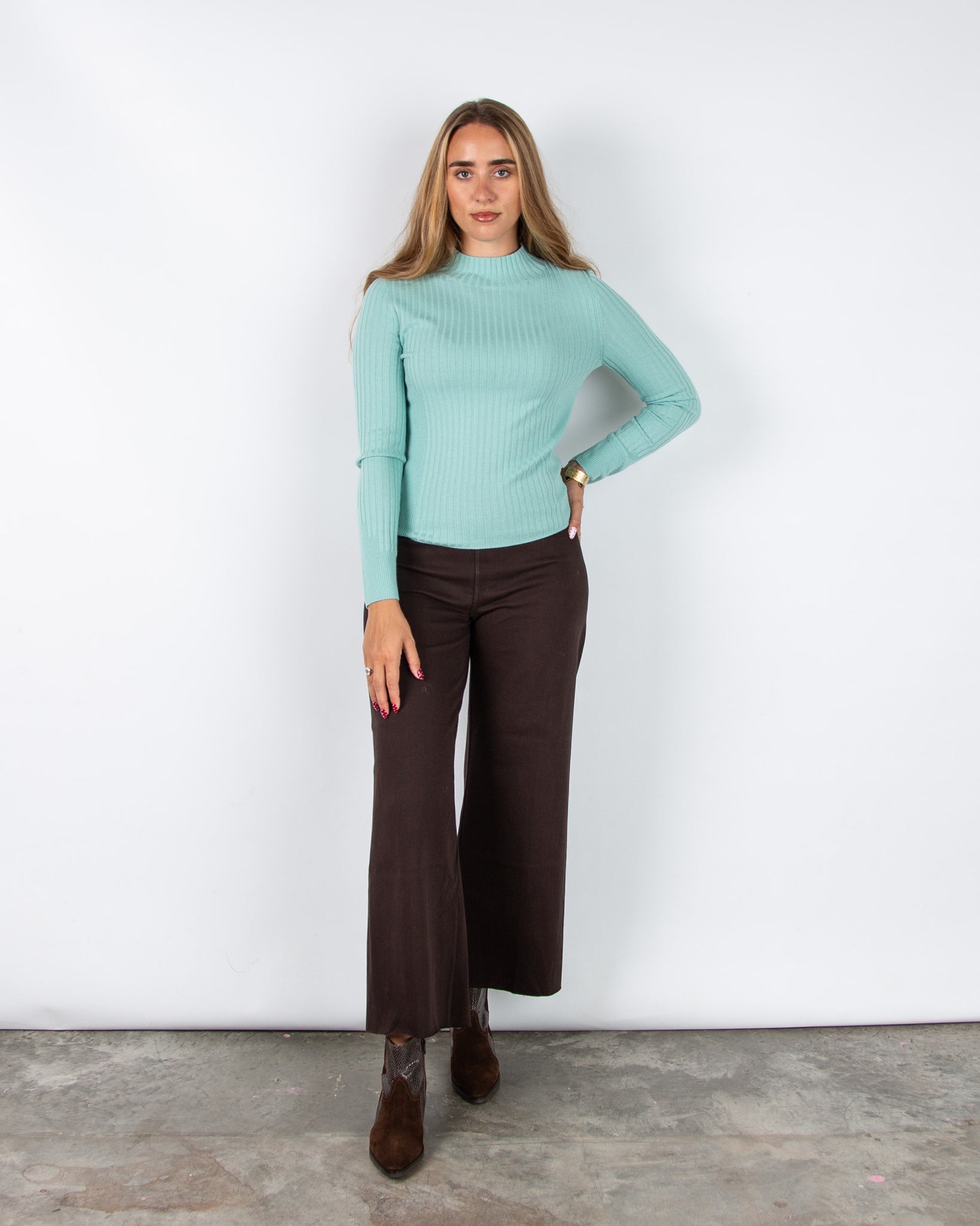 Marc Cain Rethink Together Dodgy Dogs Fitted Ribbed Jumper Duck Egg