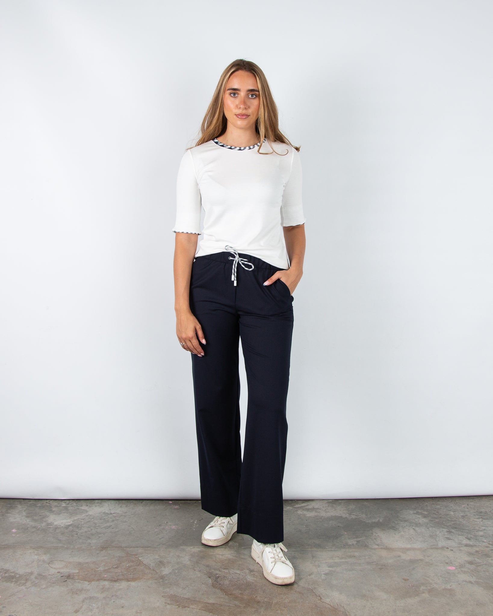 Marc Cain Round Neck T Shirt With Contrast Trim White/navy