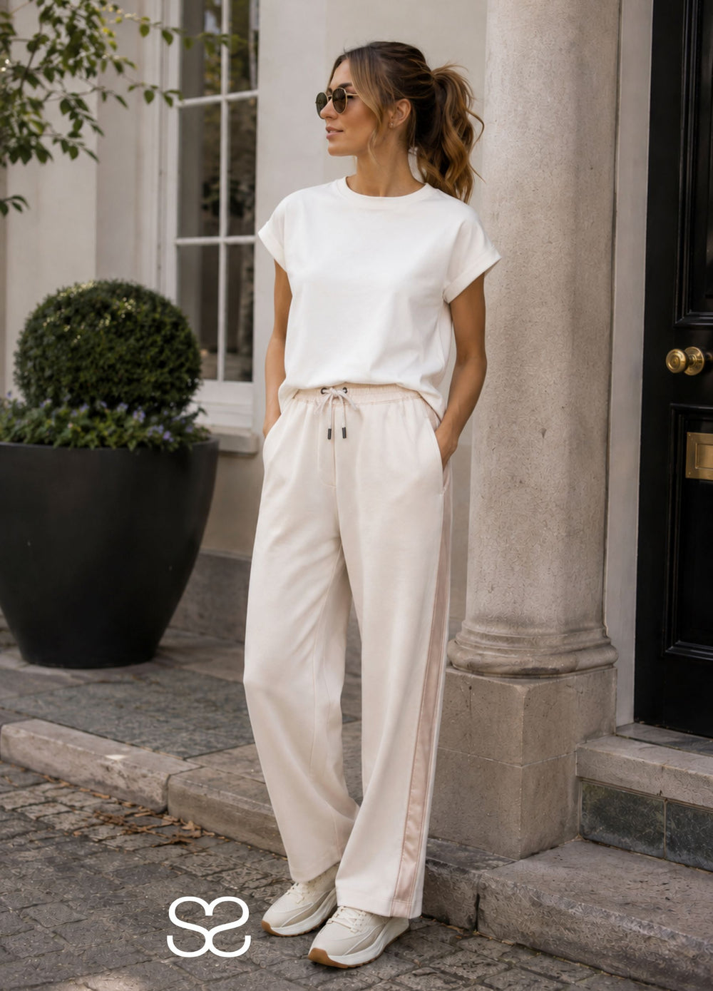 Marc Cain Sport Washington Wide Leg Jogger with Satin Side Stripe Oyster 182