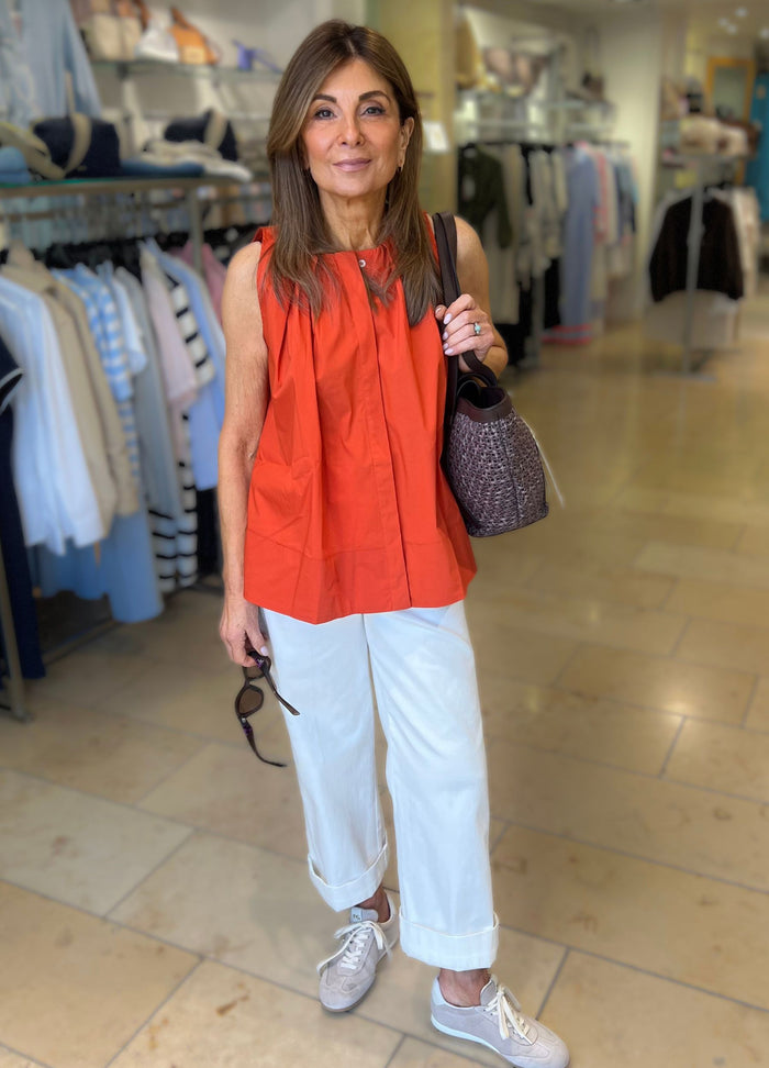 Marella Emme Elmi Cotton Poplin Sleeveless Blouse with Pleat Neckline Burnt Orange