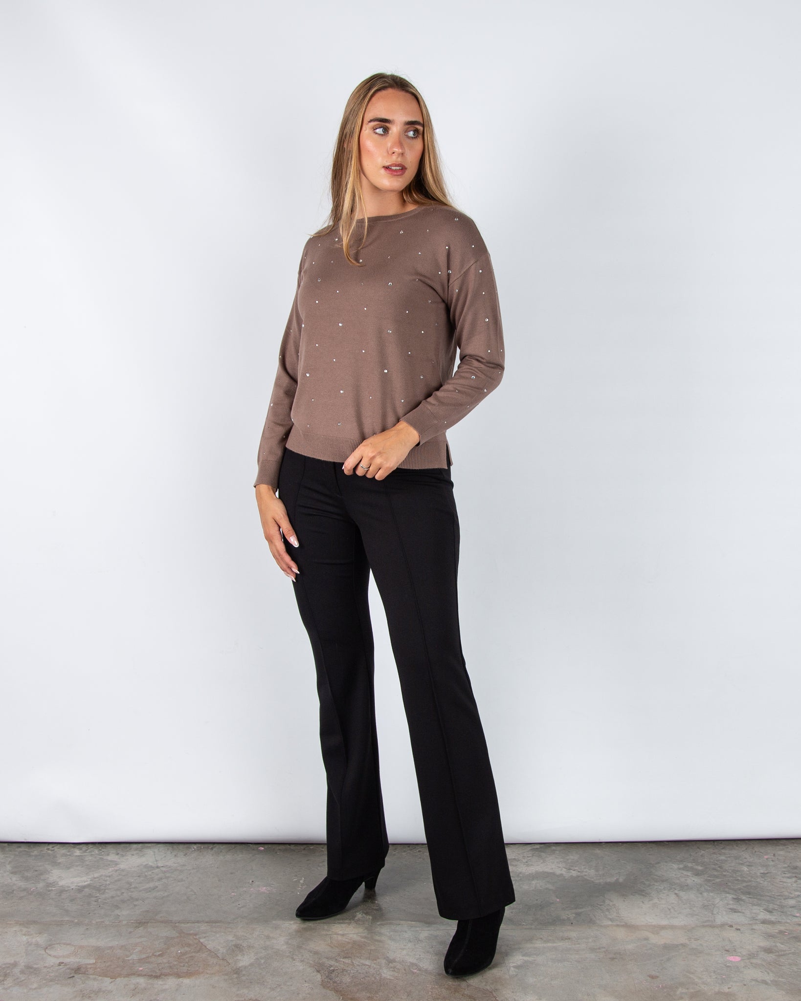 Marella Emme Embassy Round Neck Diamante Knit Top Taupe