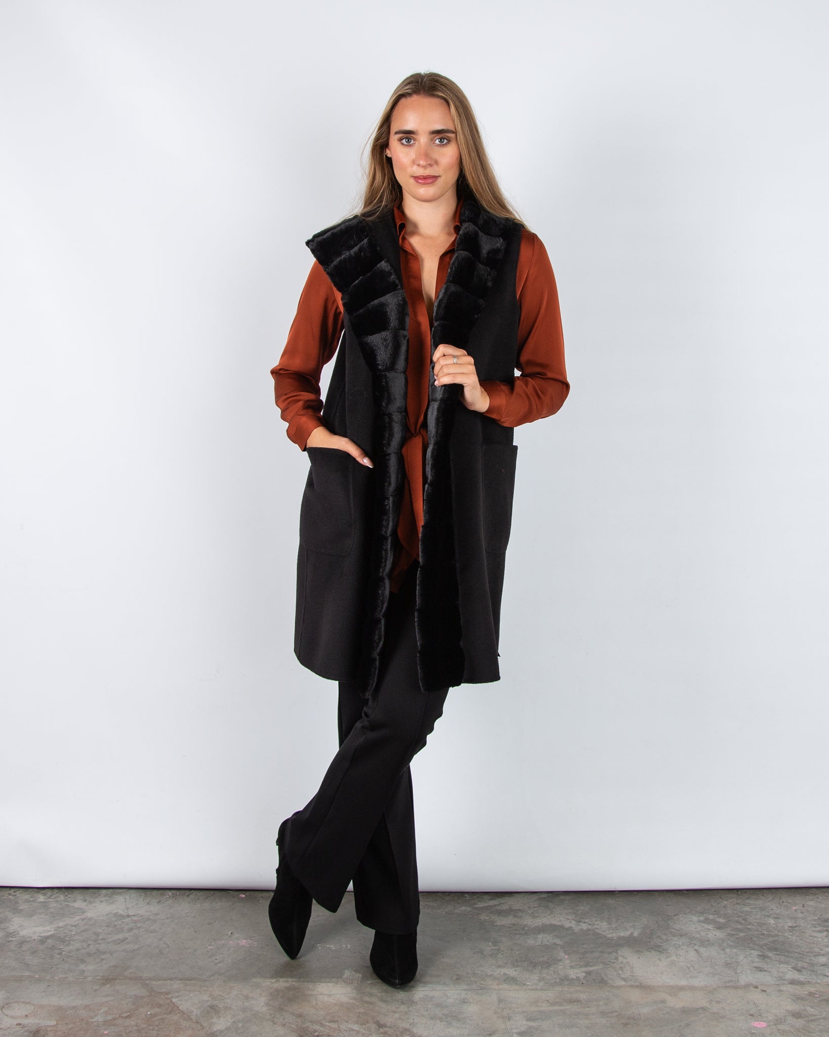 Marella Emme Formosa Faux Wool Belted Gilet With Faux Fur Trim Black