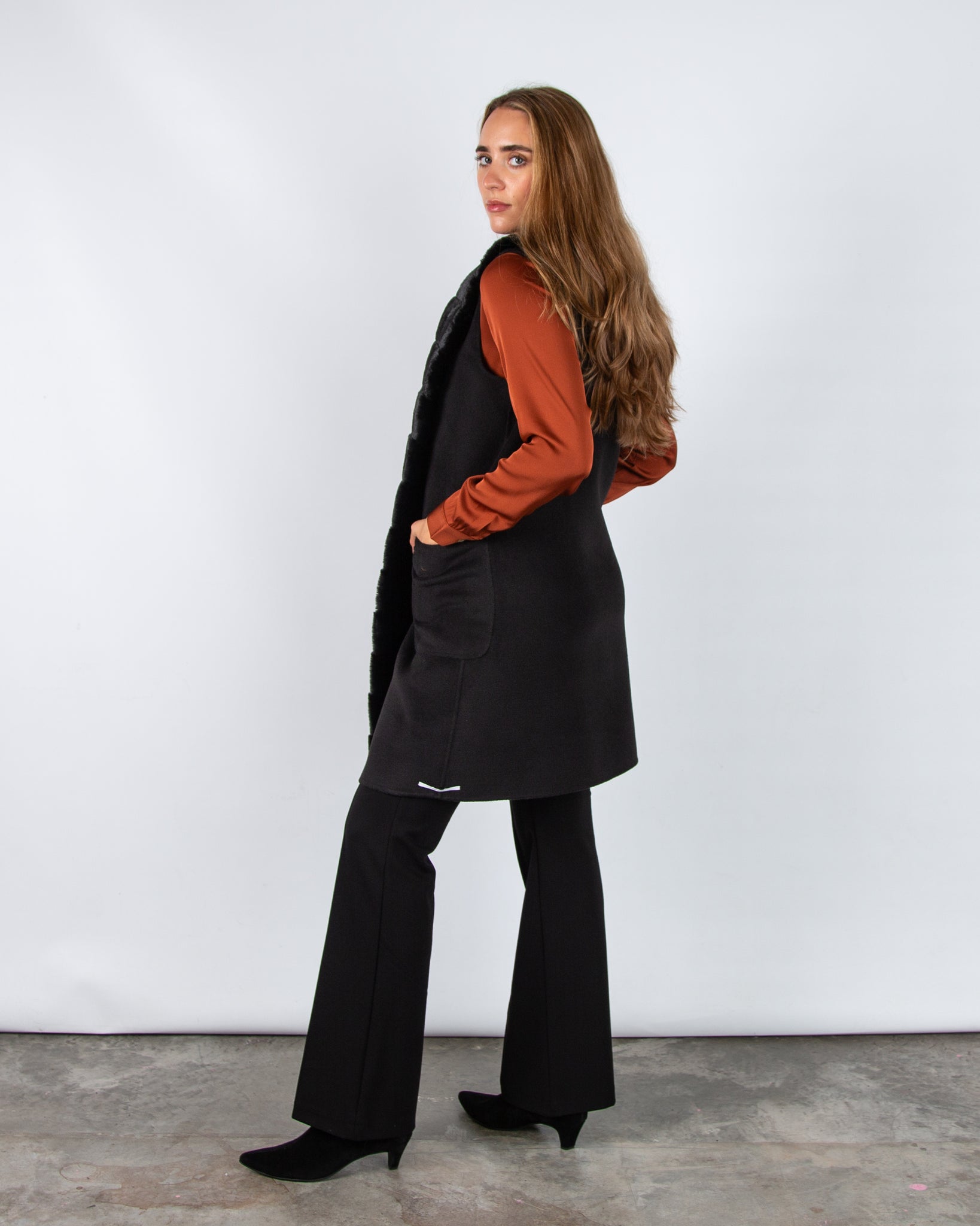 Marella Emme Formosa Faux Wool Belted Gilet With Faux Fur Trim Black