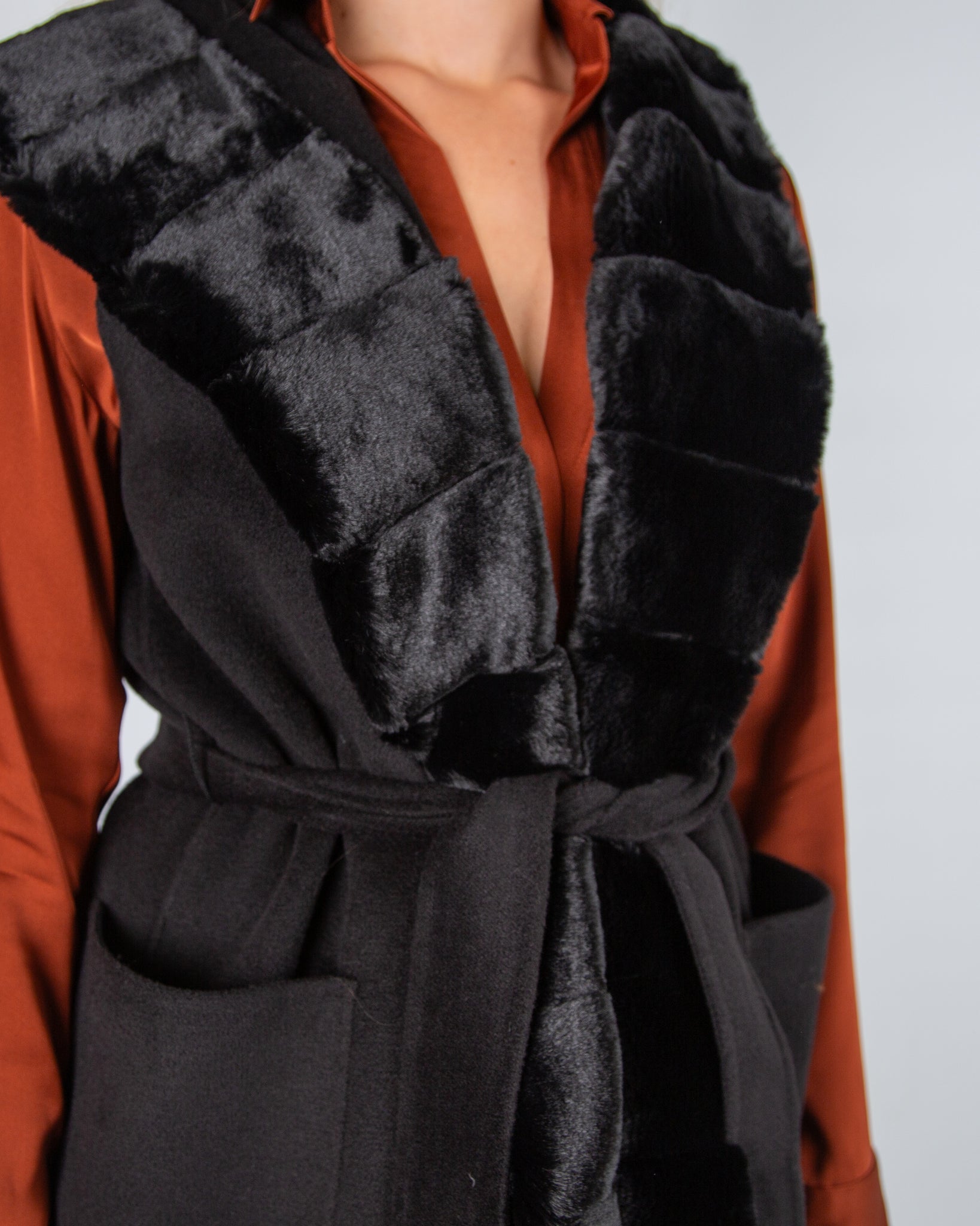 Marella Emme Formosa Faux Wool Belted Gilet With Faux Fur Trim Black