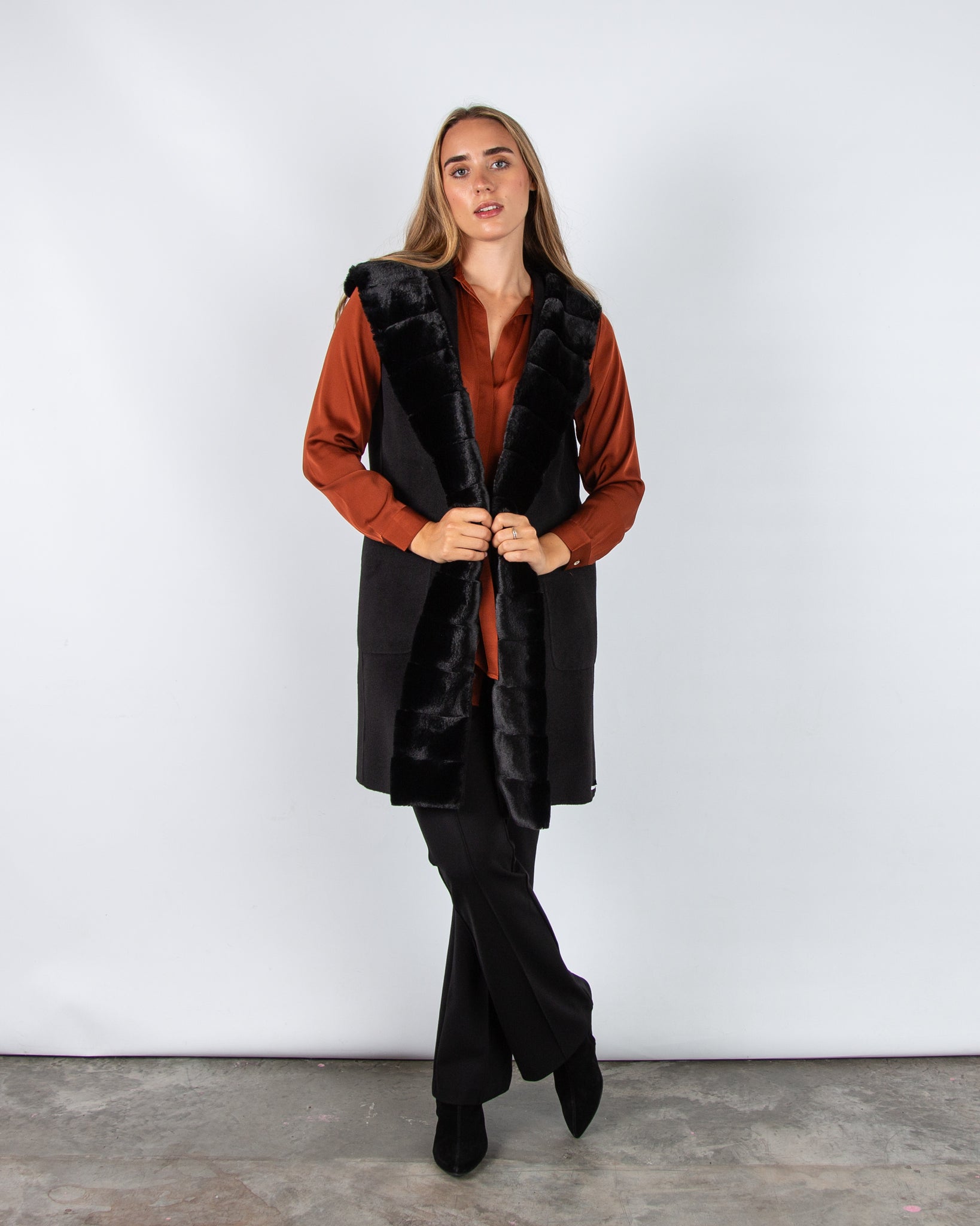 Marella Emme Formosa Faux Wool Belted Gilet With Faux Fur Trim Black