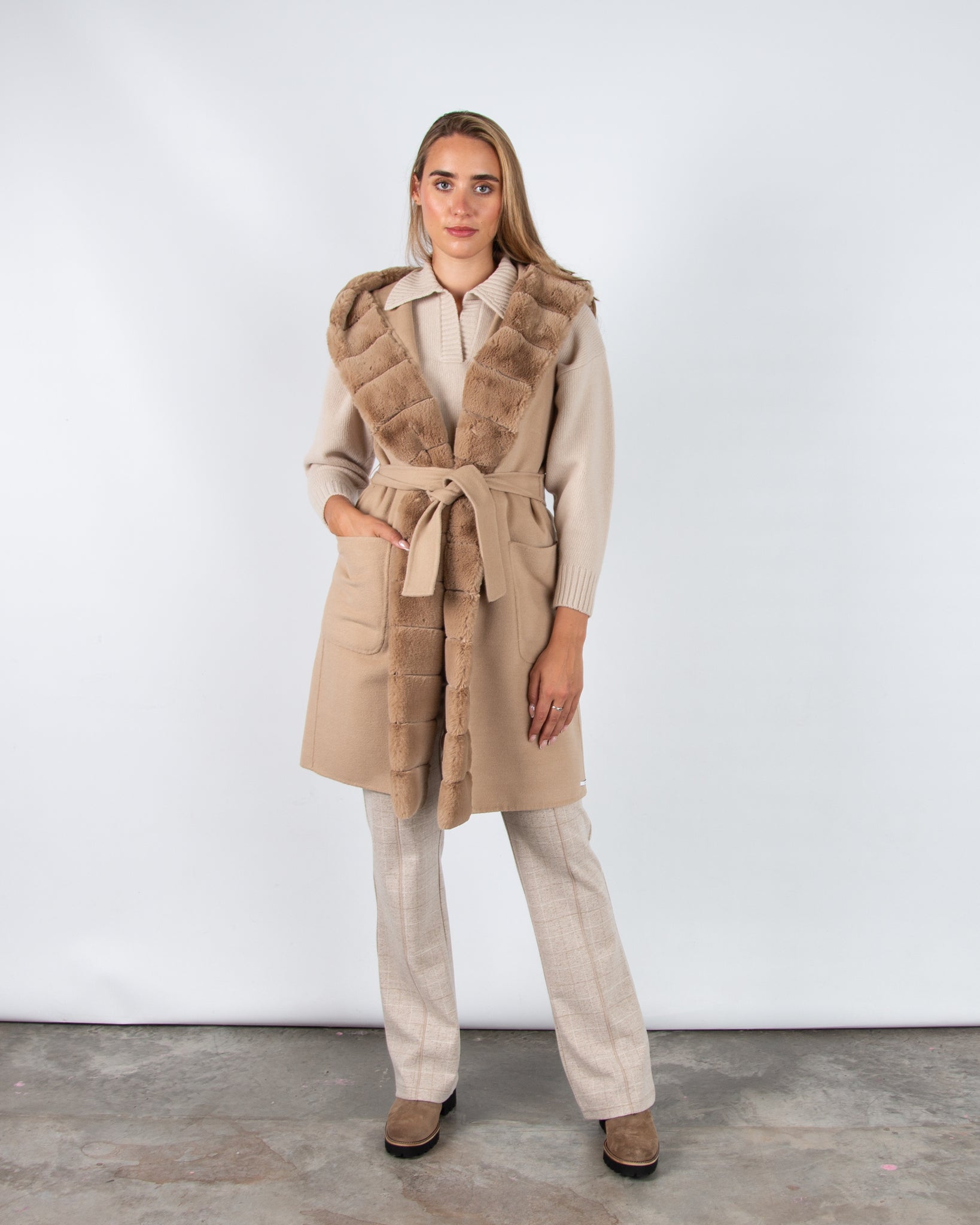 Marella Emme Formosa Faux Wool Belted Gilet With Faux Fur Trim Light Camel