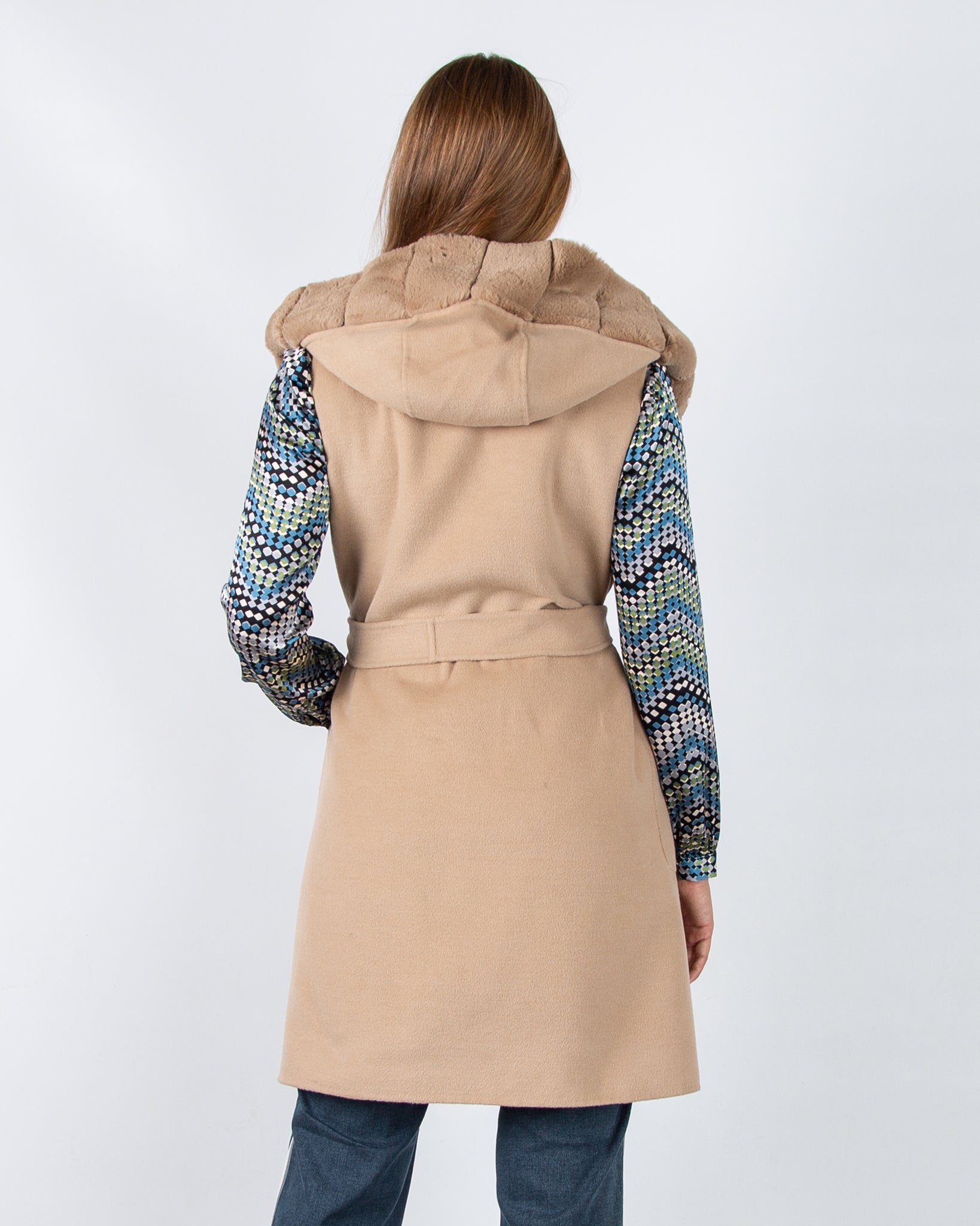 Marella Emme Formosa Faux Wool Belted Gilet With Faux Fur Trim Light Camel