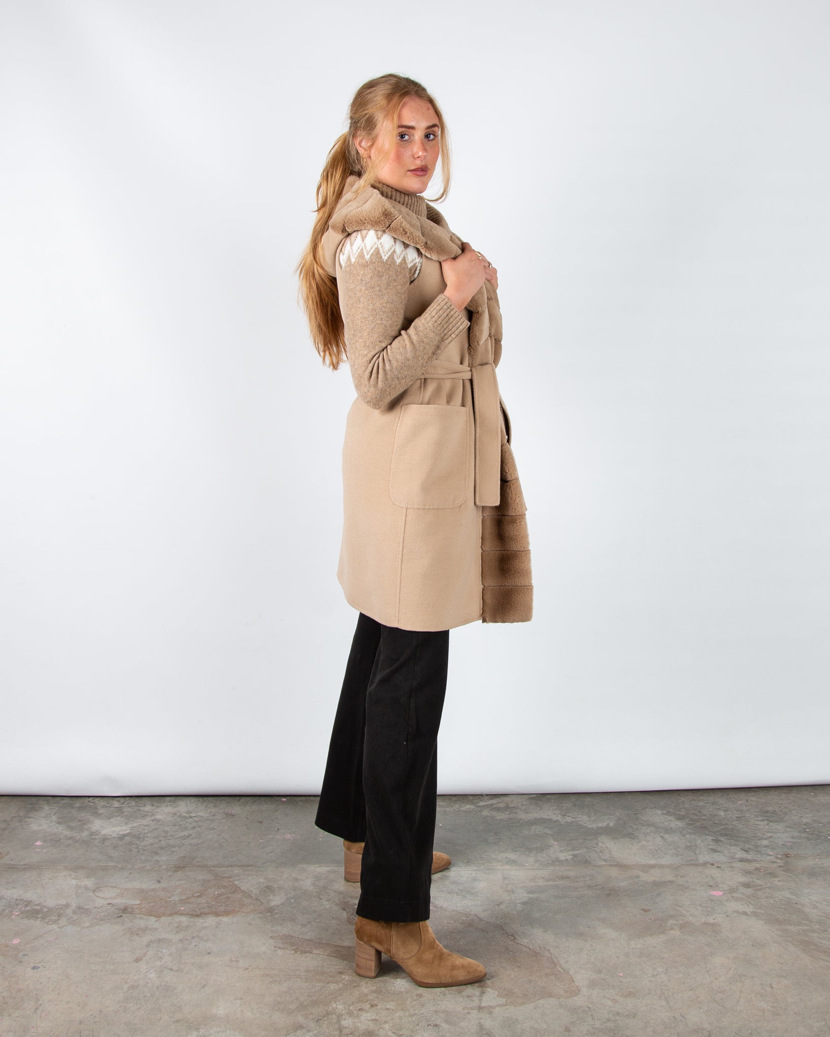 Marella Emme Formosa Faux Wool Belted Gilet With Faux Fur Trim Light Camel