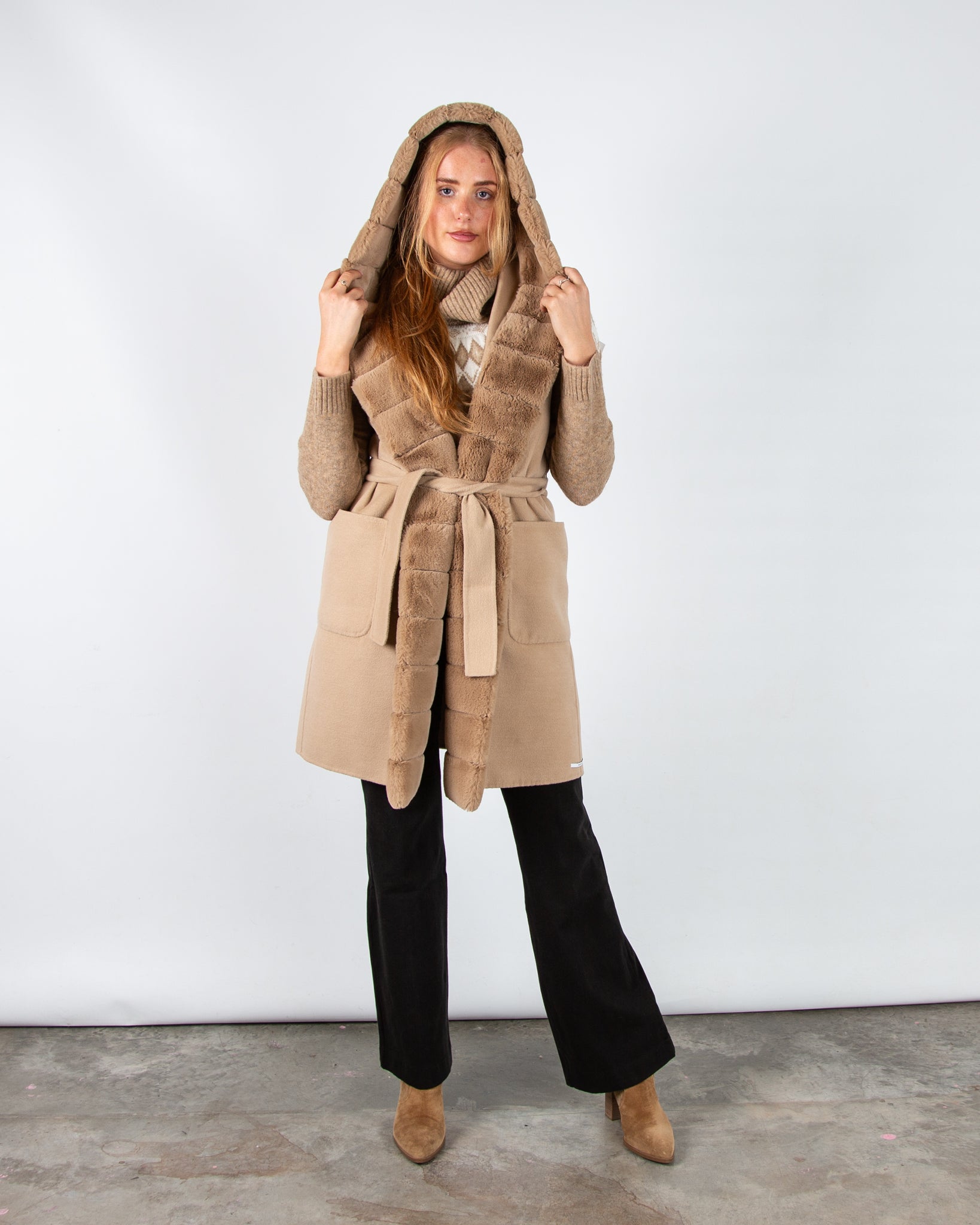 Marella Emme Formosa Faux Wool Belted Gilet With Faux Fur Trim Light Camel