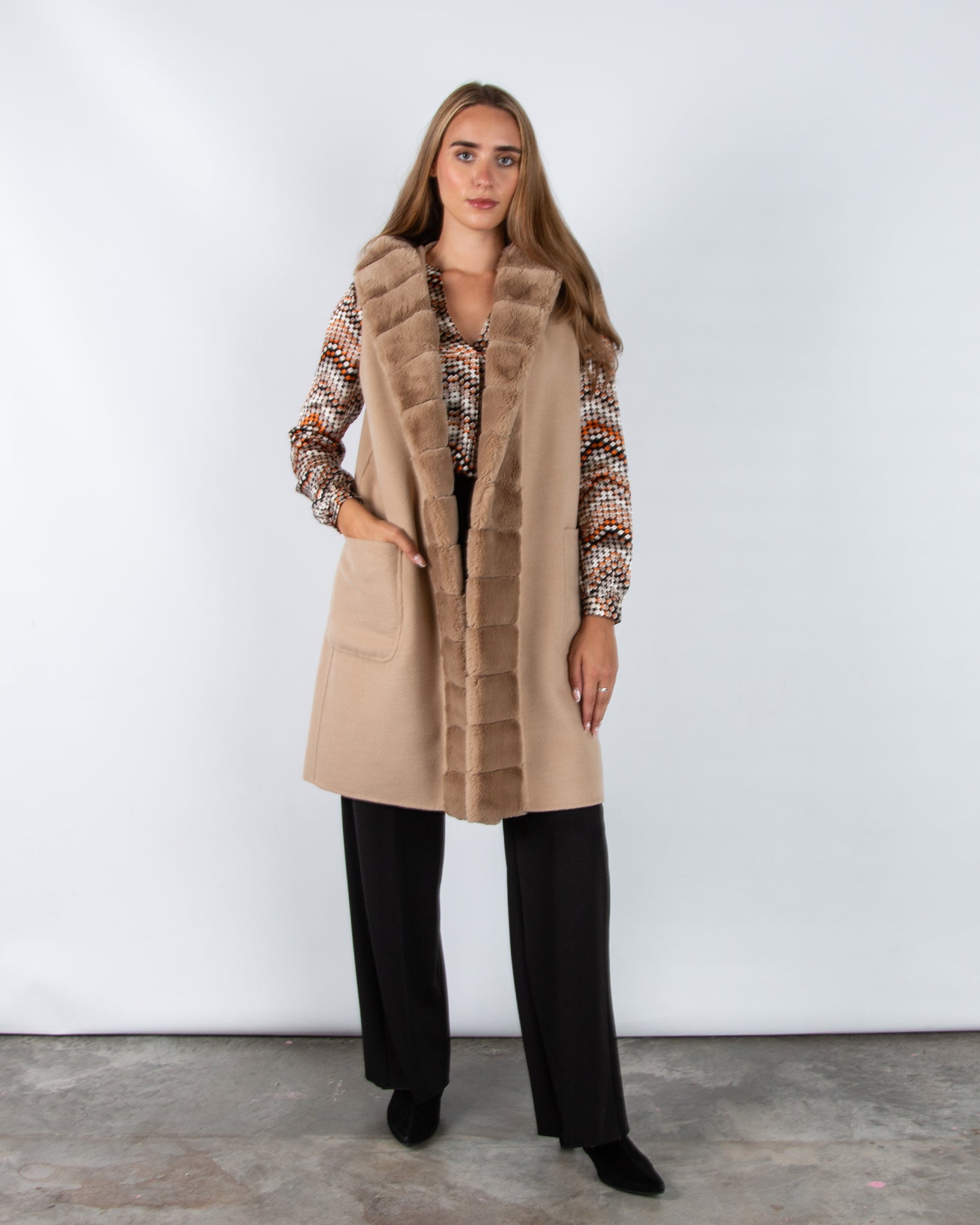 Marella Emme Formosa Faux Wool Belted Gilet With Faux Fur Trim Light Camel