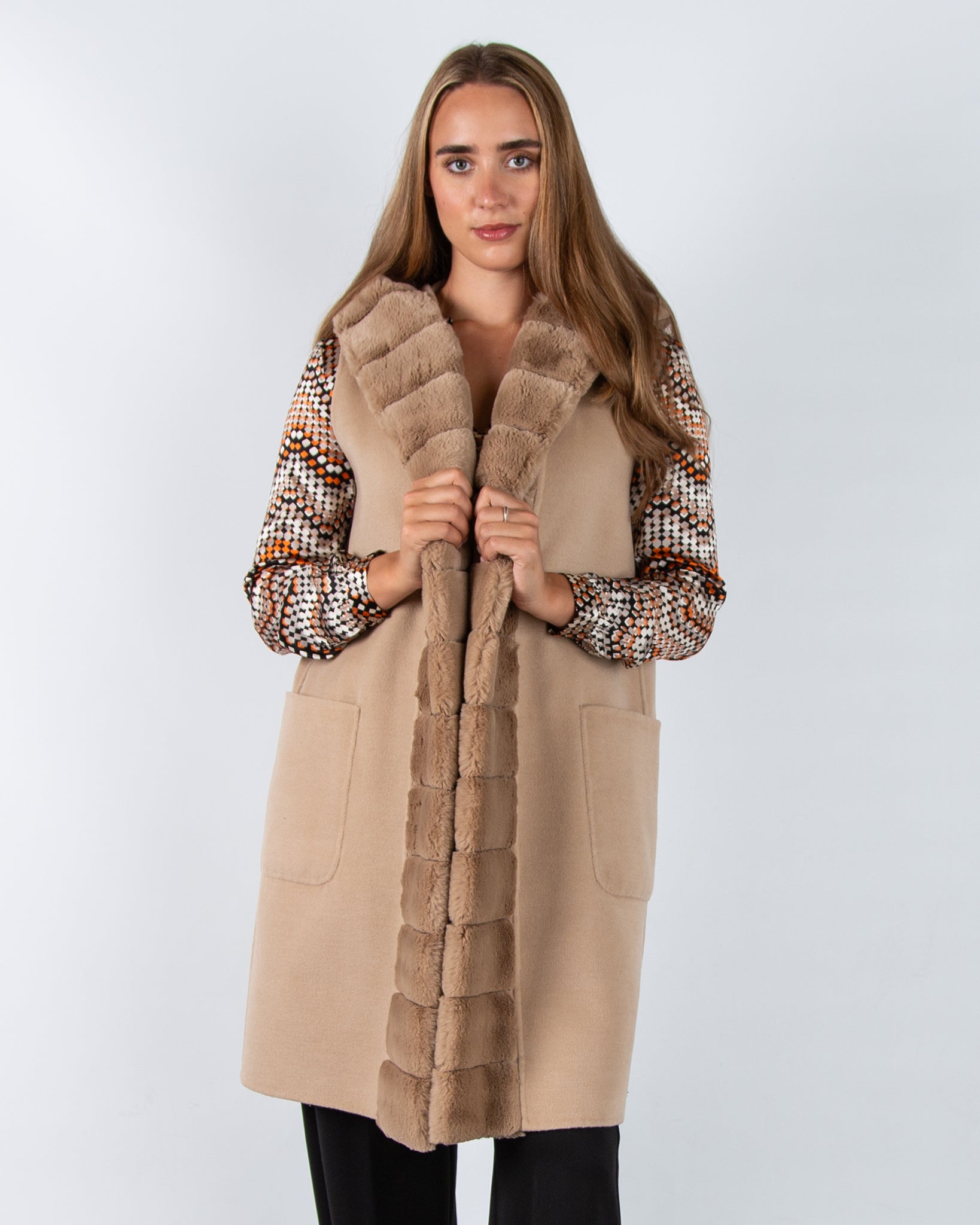 Marella Emme Formosa Faux Wool Belted Gilet With Faux Fur Trim Light Camel