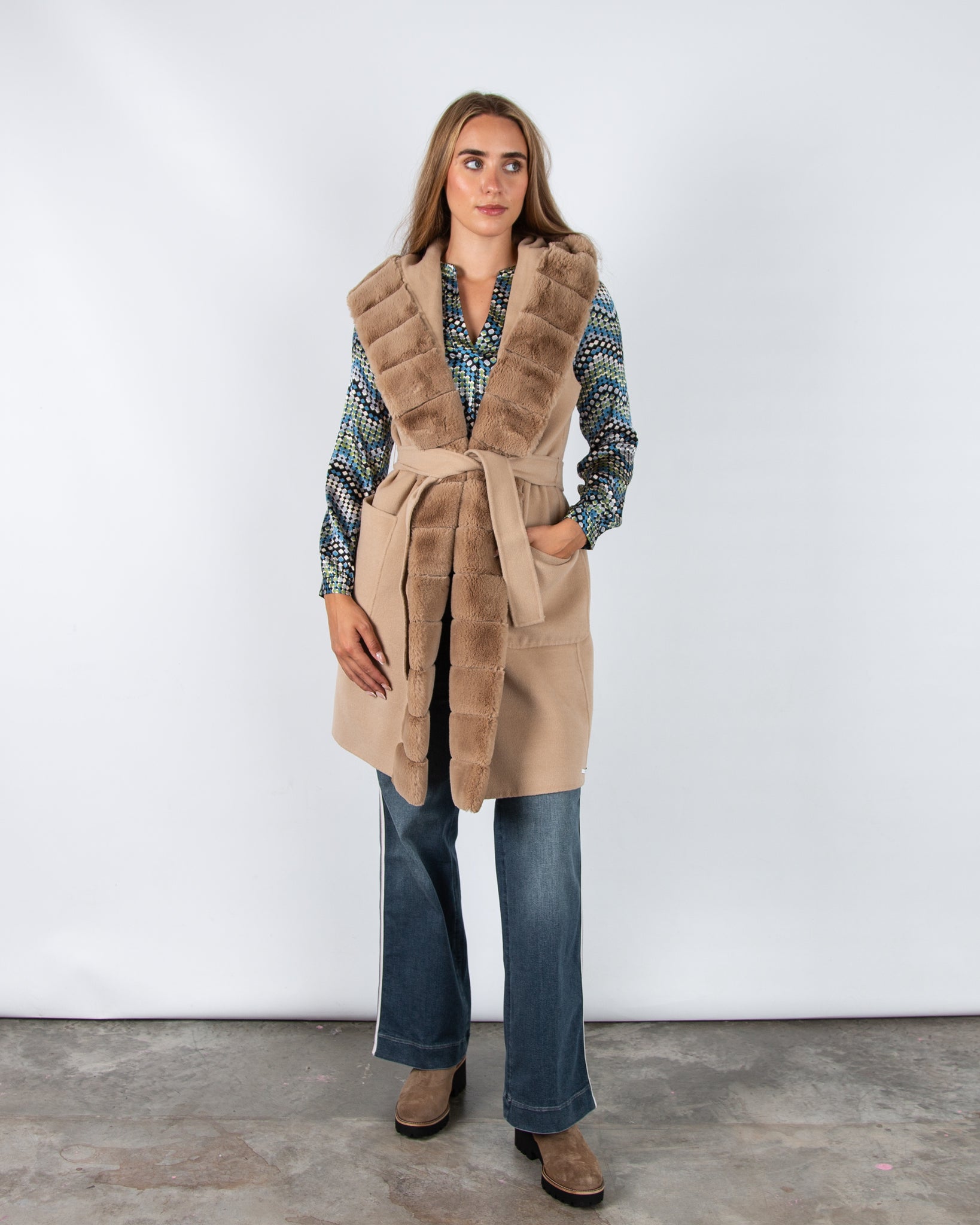 Marella Emme Formosa Faux Wool Belted Gilet With Faux Fur Trim Light Camel