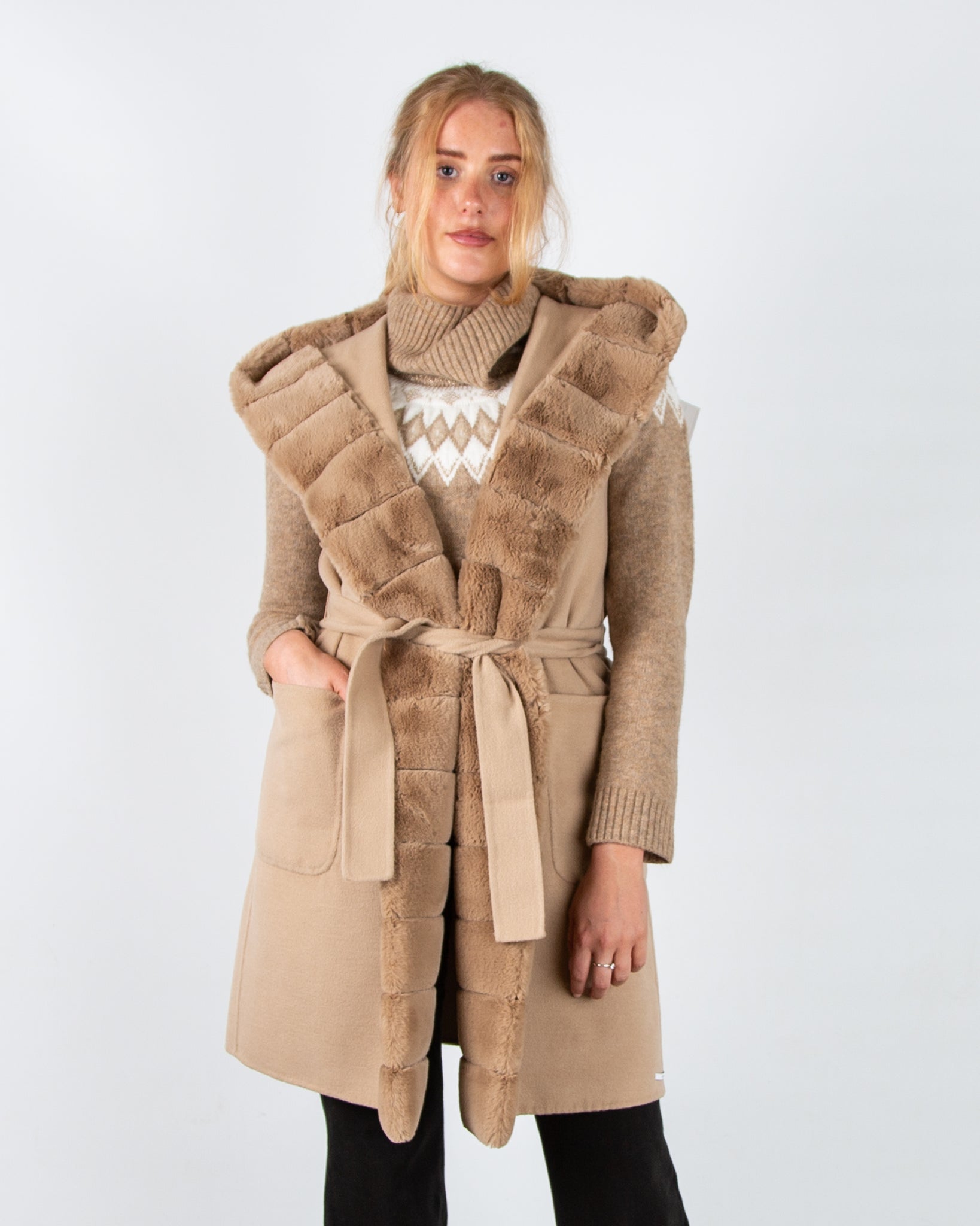 Marella Emme Formosa Faux Wool Belted Gilet With Faux Fur Trim Light Camel