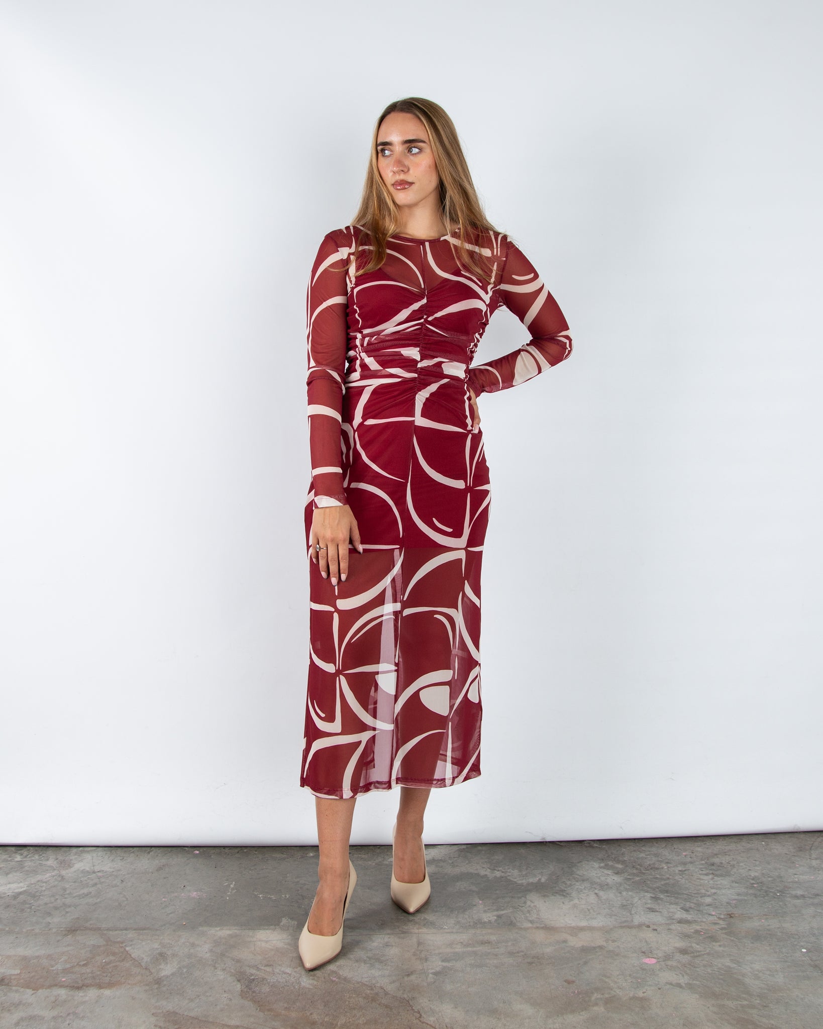 Marella Emme Geisha Fitted Mesh Ruched Midi Dress Burgundy/ecru