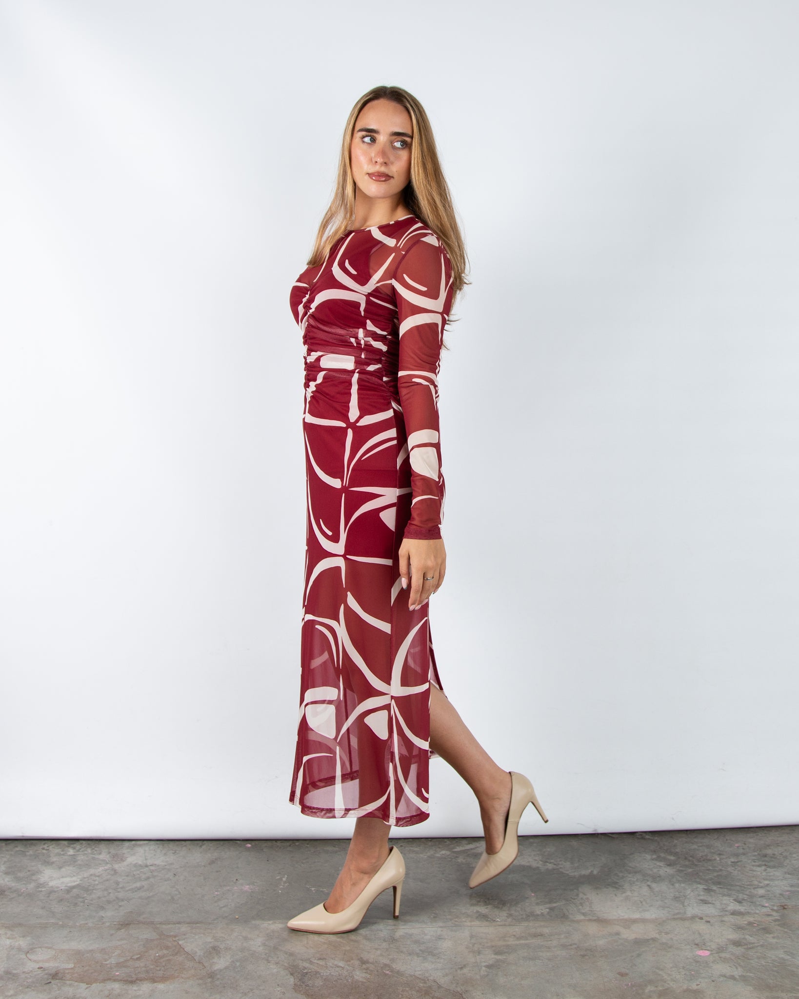 Marella Emme Geisha Fitted Mesh Ruched Midi Dress Burgundy/ecru