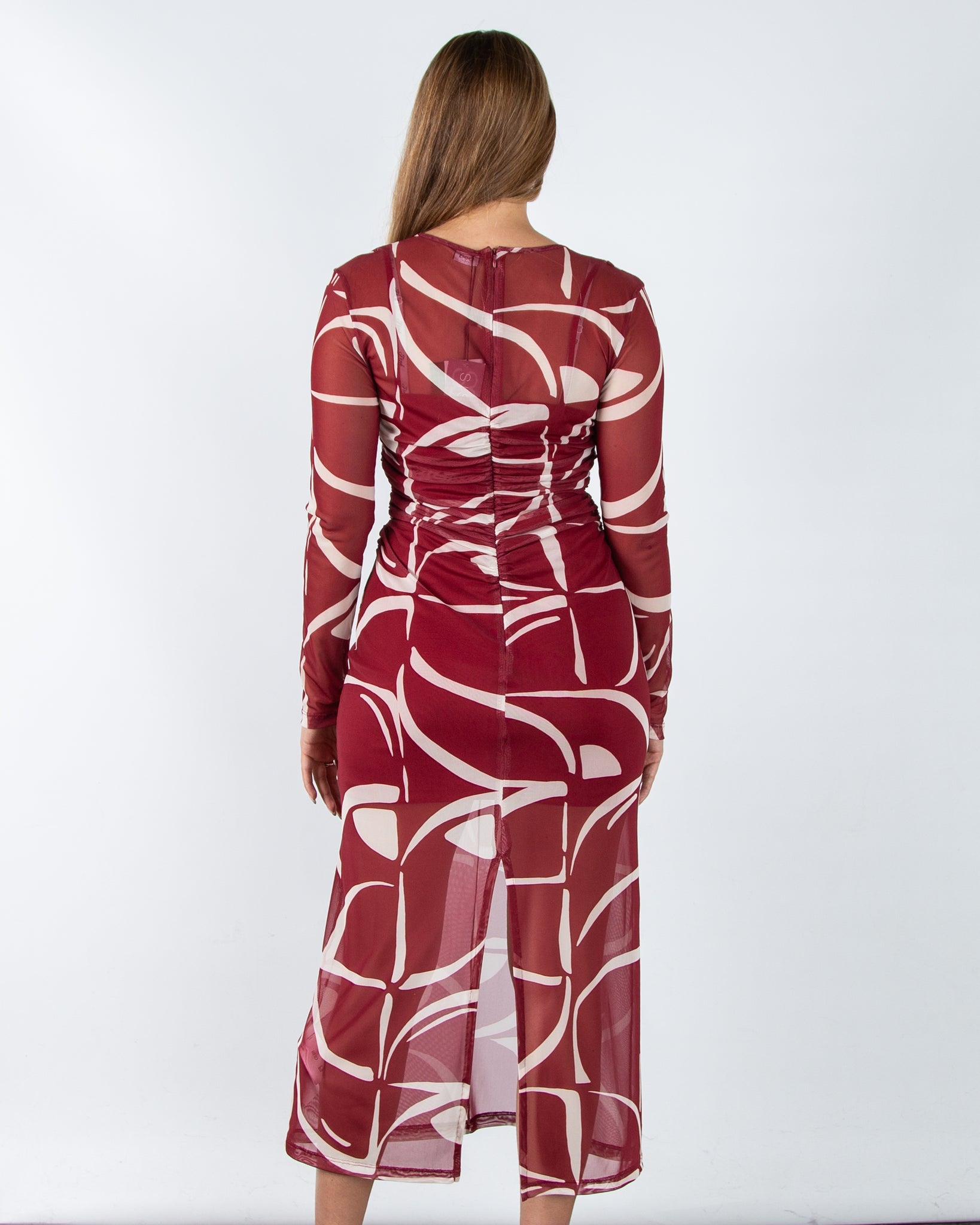 Marella Emme Geisha Fitted Mesh Ruched Midi Dress Burgundy/ecru