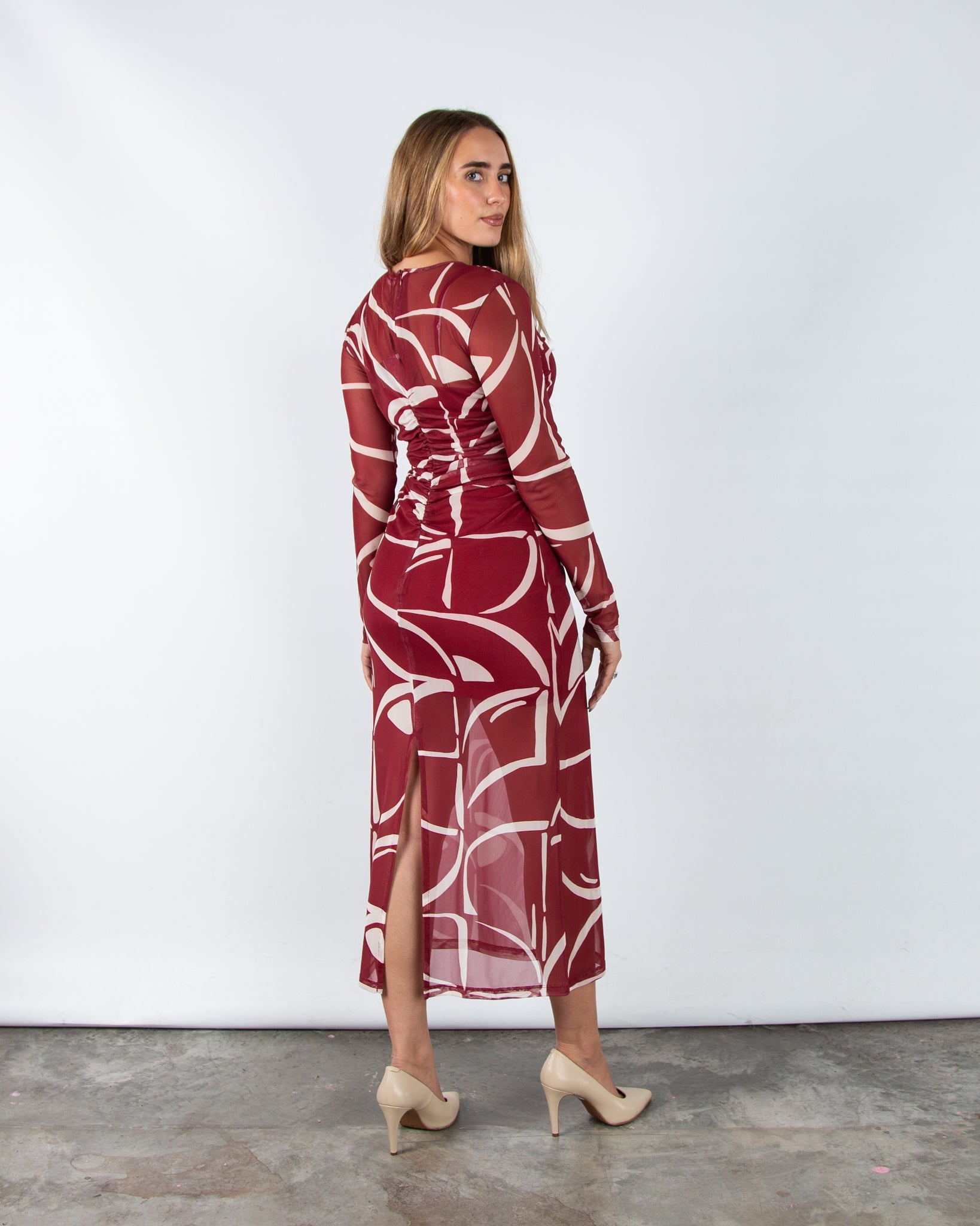 Marella Emme Geisha Fitted Mesh Ruched Midi Dress Burgundy/ecru