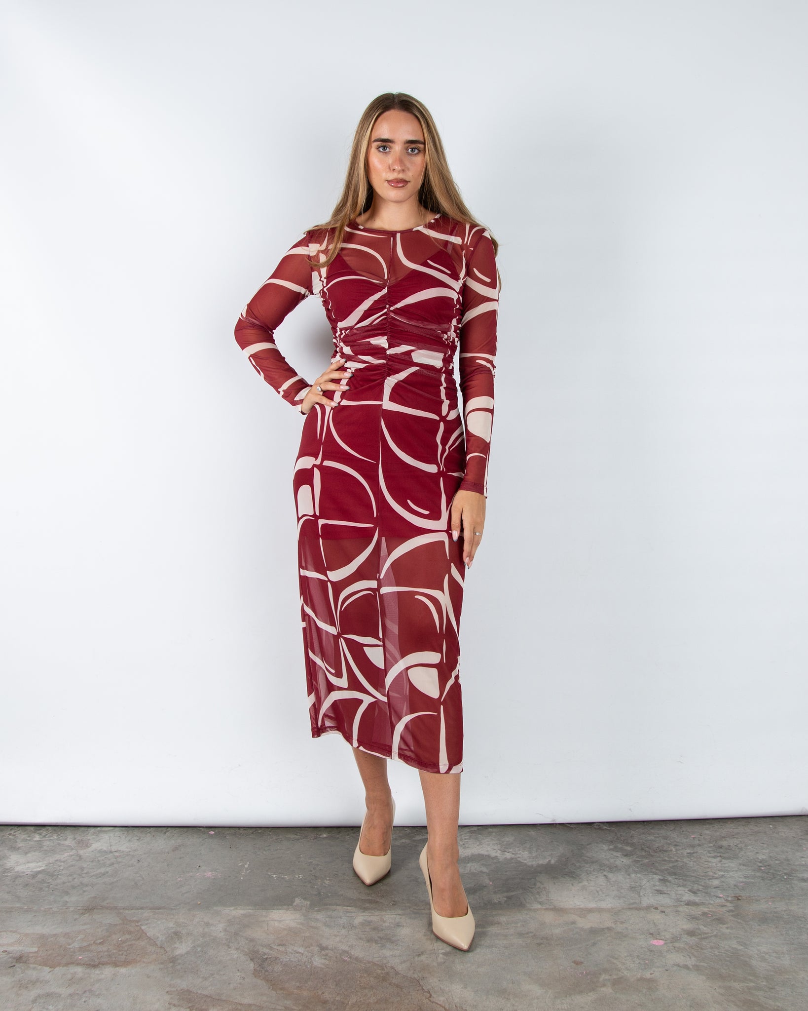 Marella Emme Geisha Fitted Mesh Ruched Midi Dress Burgundy/ecru