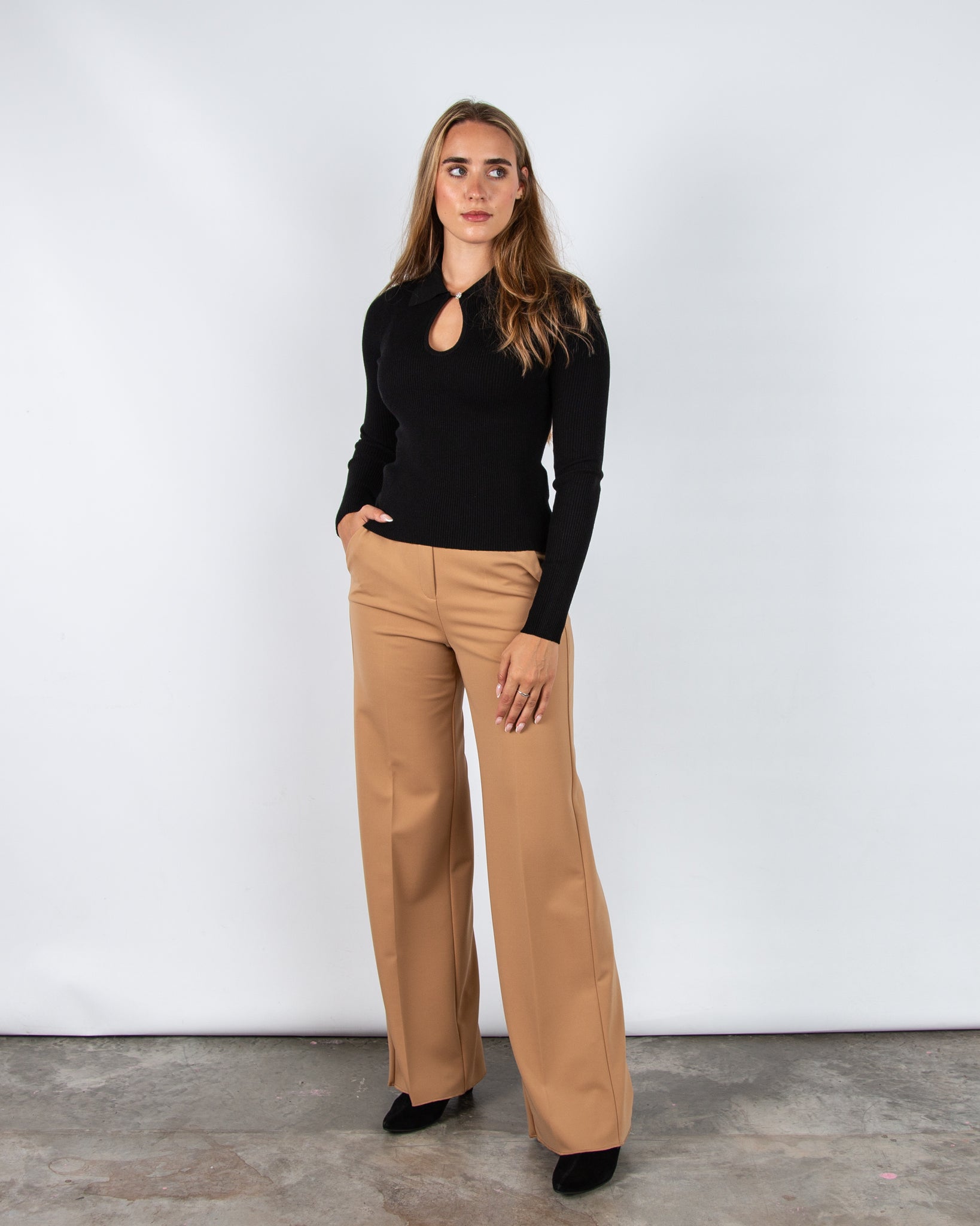 Marella Emme Plume Fitted Rib Top With Diamante Keyhole Neck Black