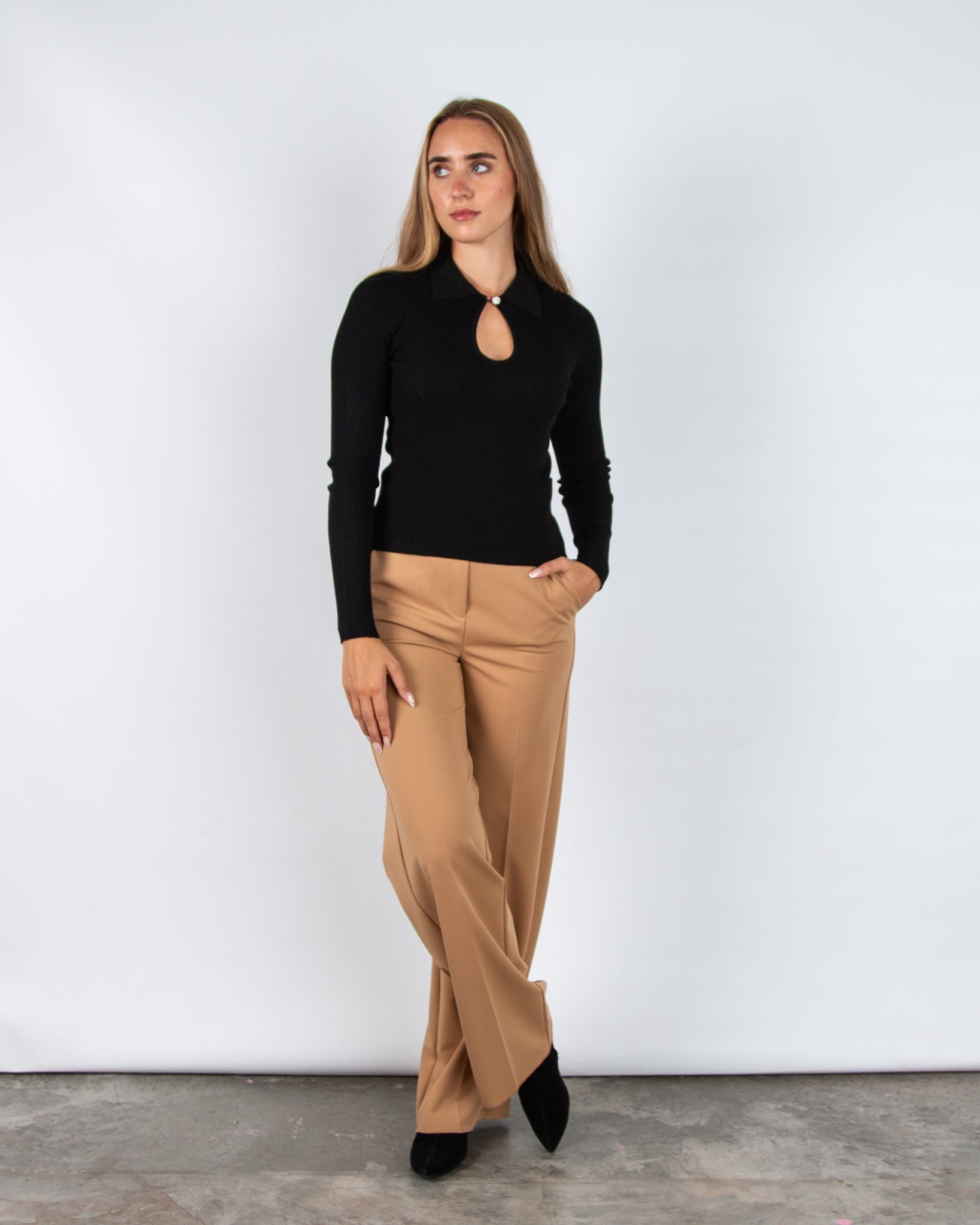 Marella Emme Plume Fitted Rib Top With Diamante Keyhole Neck Black