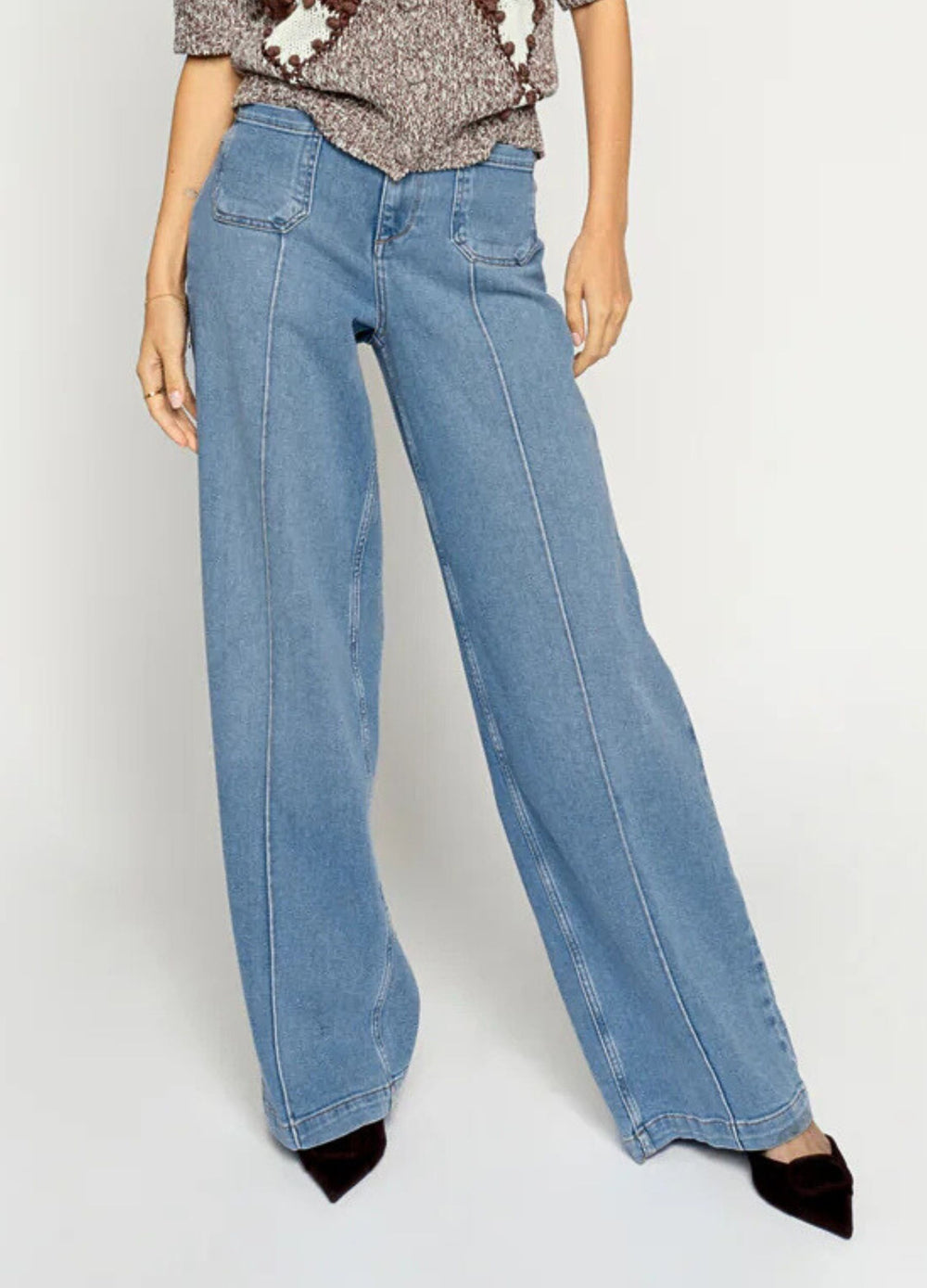 Mos Mosh Colette Lyon Wide Leg Denim Jean with Centre Seam and Patch Pocket Light Denim 34L