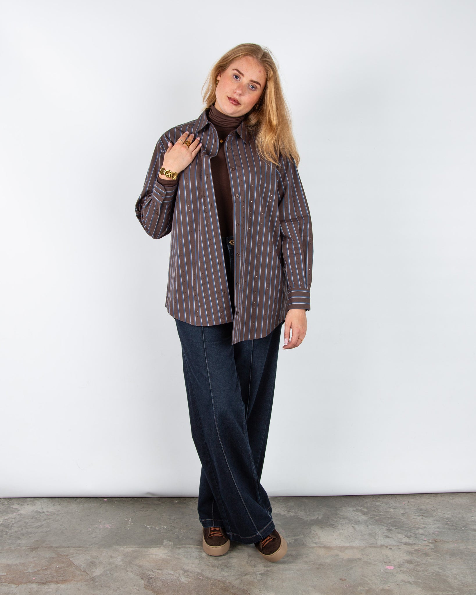 Mos Mosh Danika Oversized Stripe Sparkle Shirt Brown