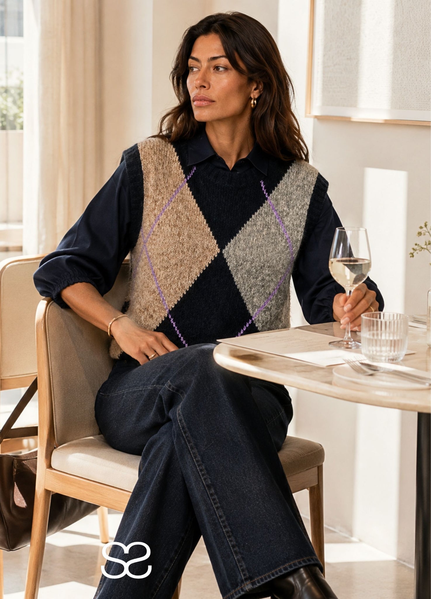 Mos Mosh Jennine Blown Argyle Crew Neck Knit Vest Grey/Navy