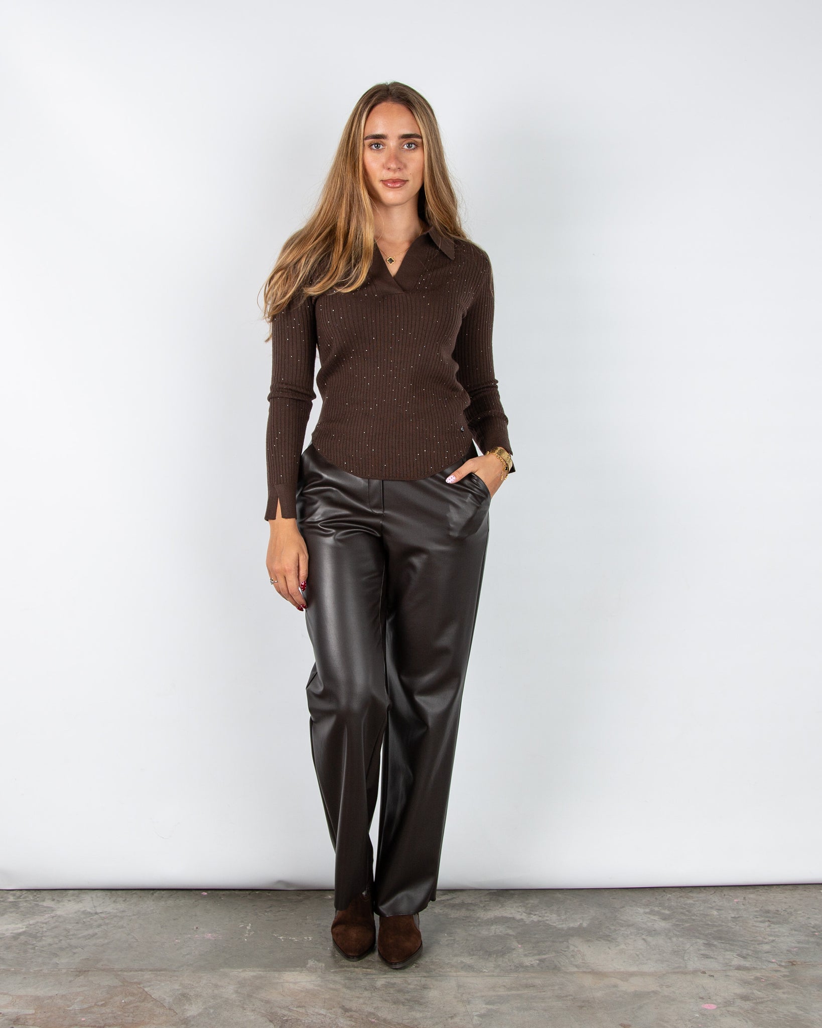 Mos Mosh Ronika Ribbed Sparkle Knit Top With Collar Chocolate