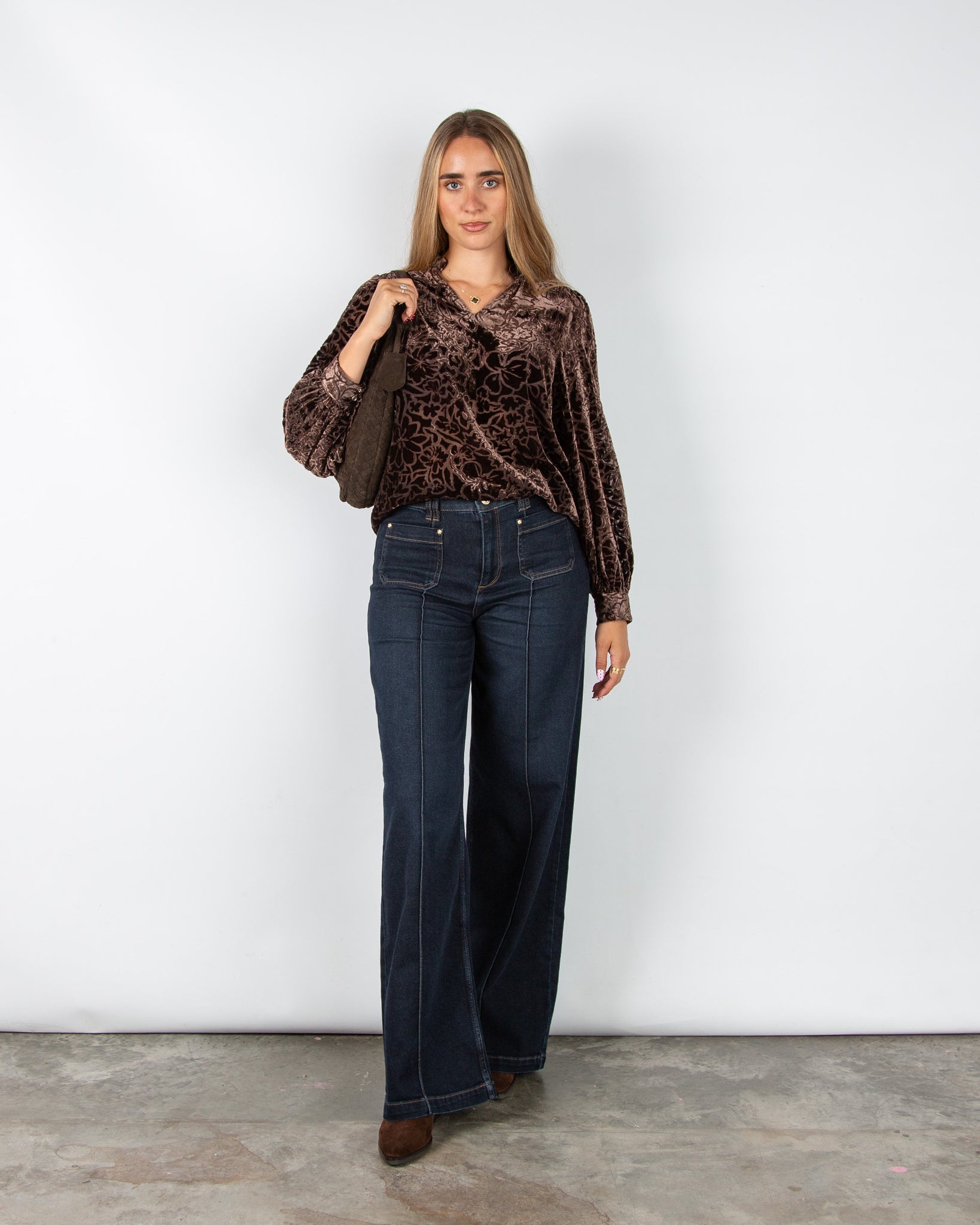 Mos Mosh Vilsa Floral Velvet Devore Blouse with Frill Neck Chocolate