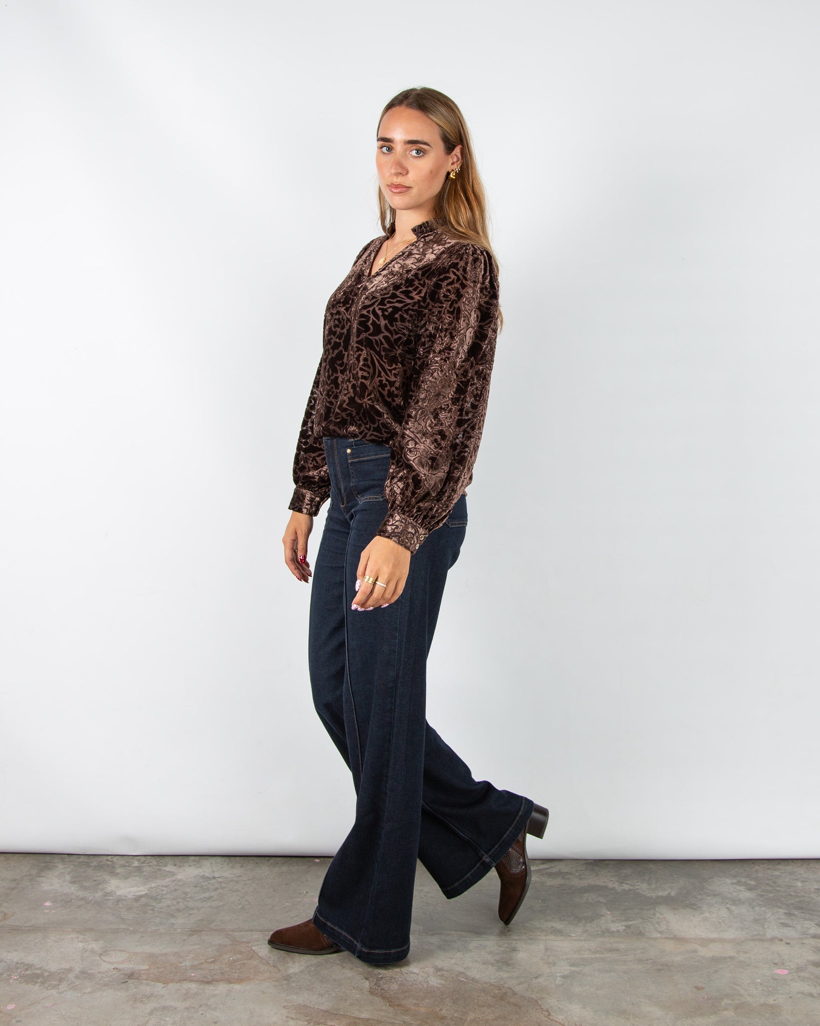 Mos Mosh Vilsa Floral Velvet Devore Blouse with Frill Neck Chocolate