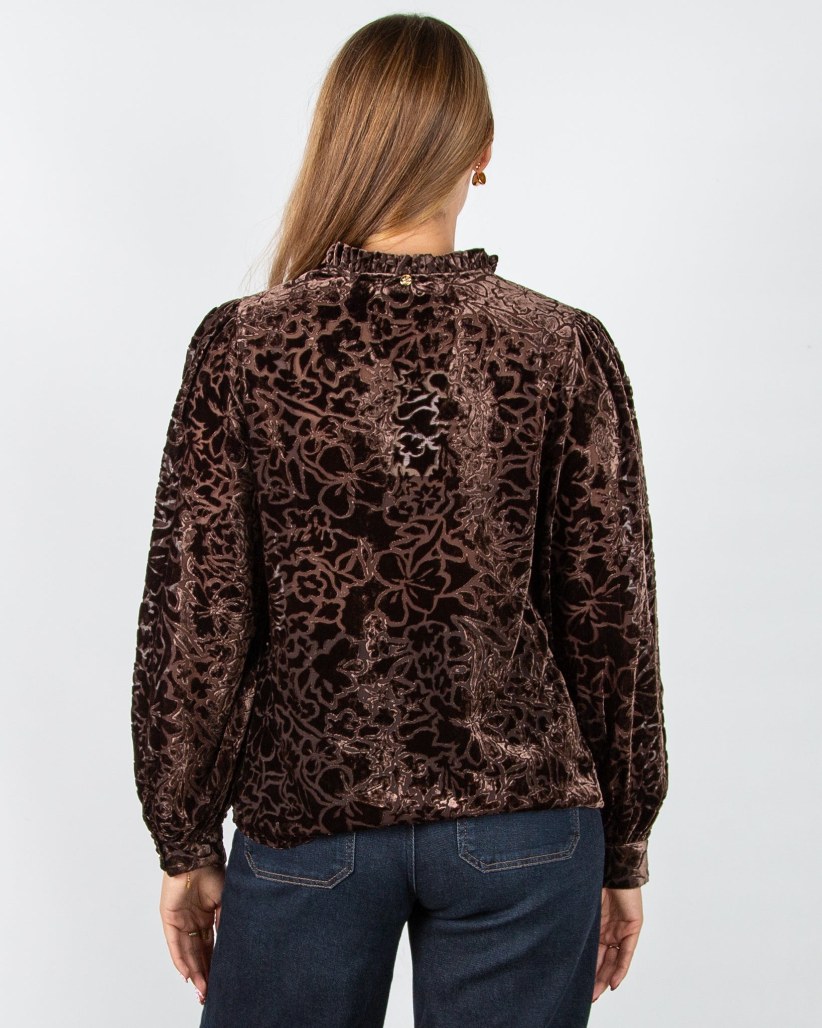 Mos Mosh Vilsa Floral Velvet Devore Blouse with Frill Neck Chocolate