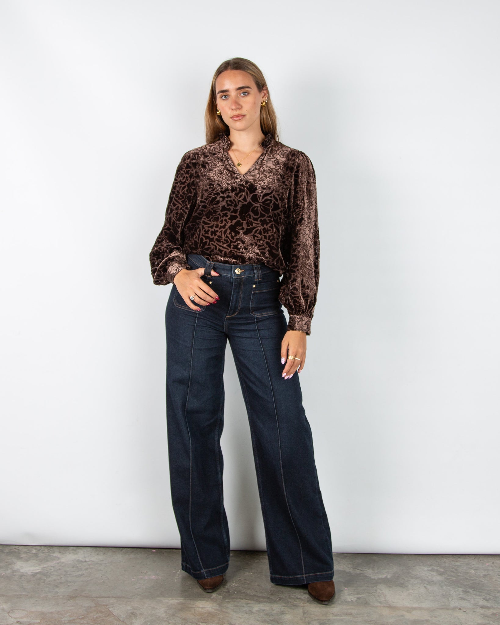 Mos Mosh Vilsa Floral Velvet Devore Blouse with Frill Neck Chocolate
