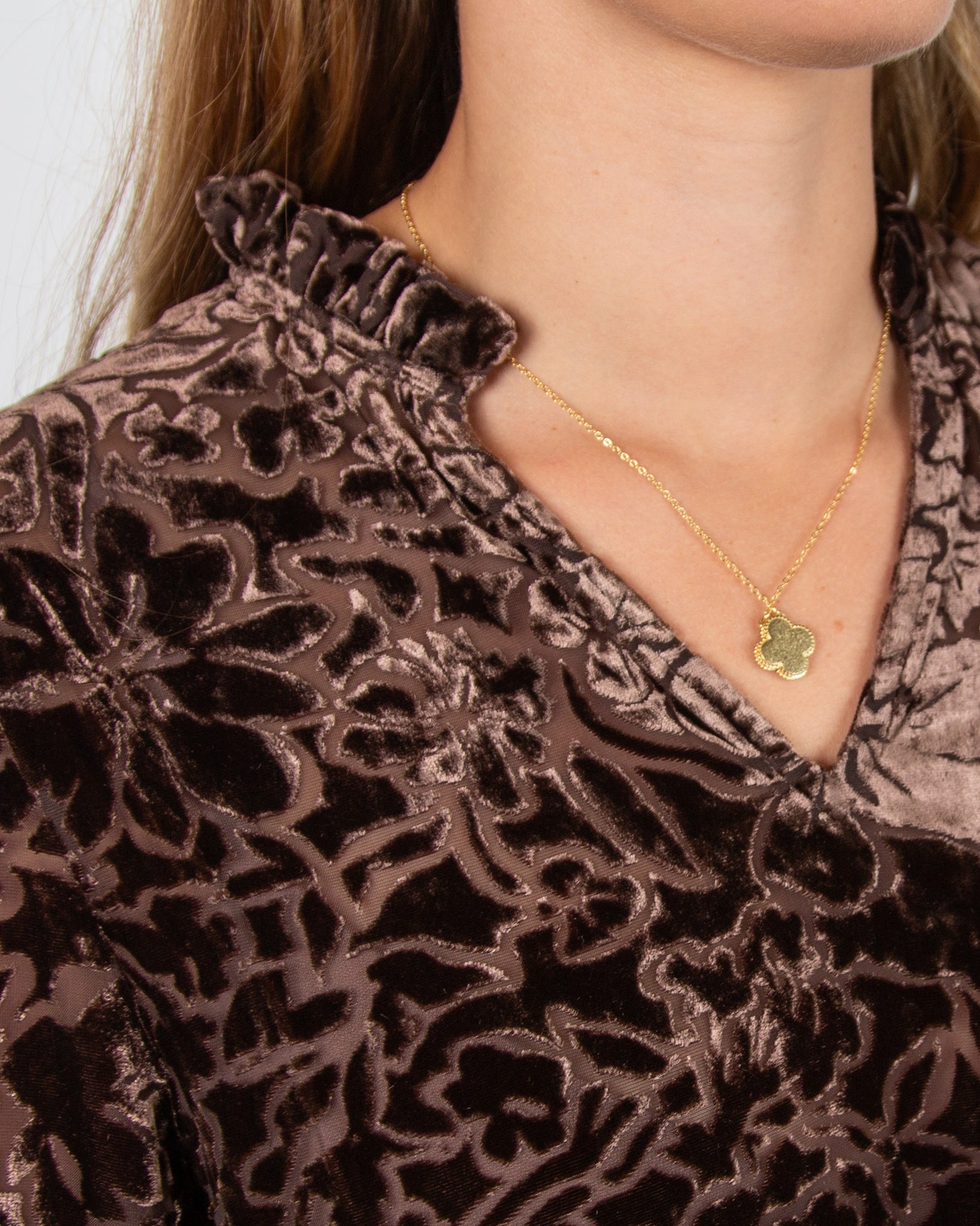 Mos Mosh Vilsa Floral Velvet Devore Blouse with Frill Neck Chocolate