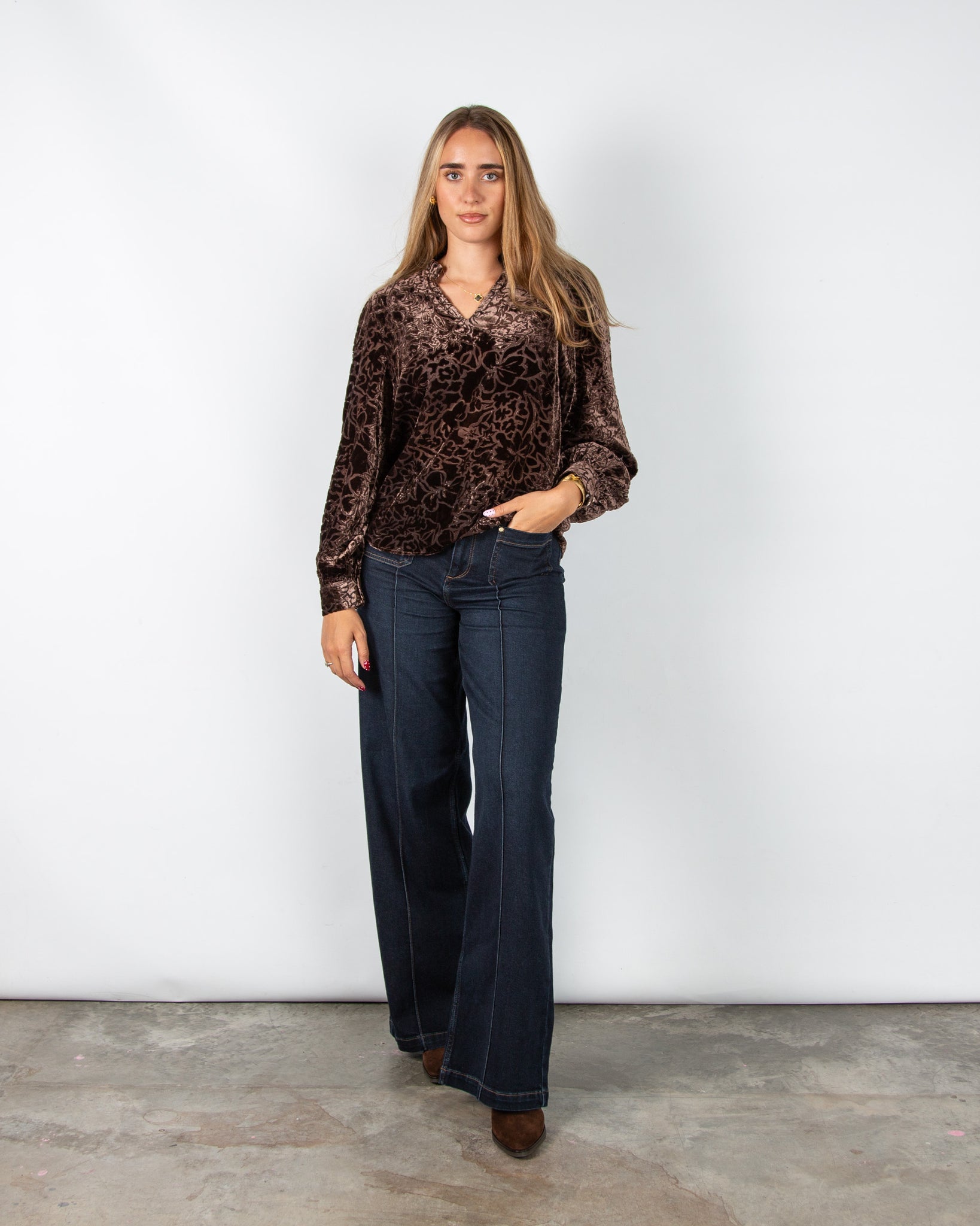 Mos Mosh Vilsa Floral Velvet Devore Blouse with Frill Neck Chocolate