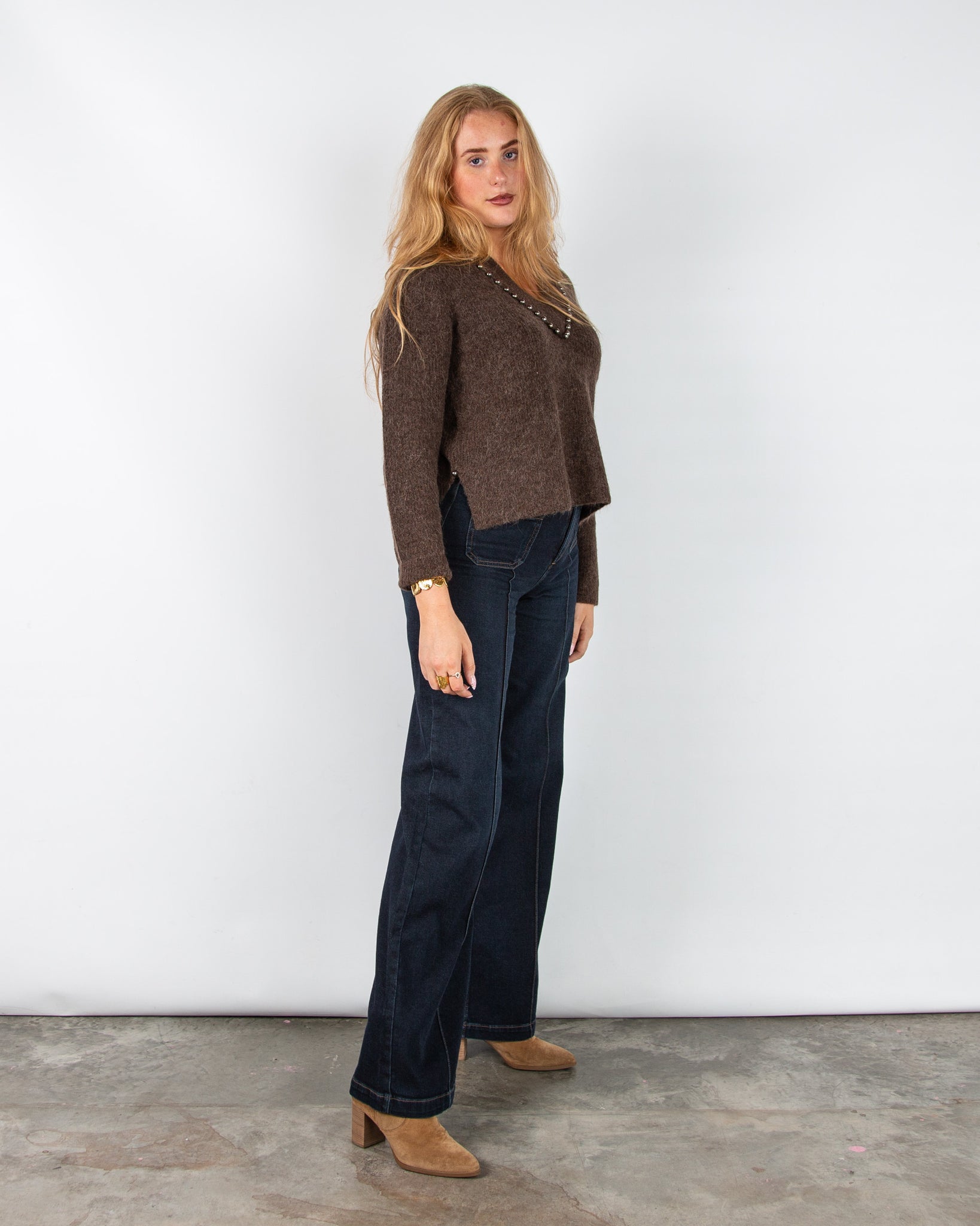 Mos Mosh Zora Soft Knit Jumper with Beading and Collar Chocolate