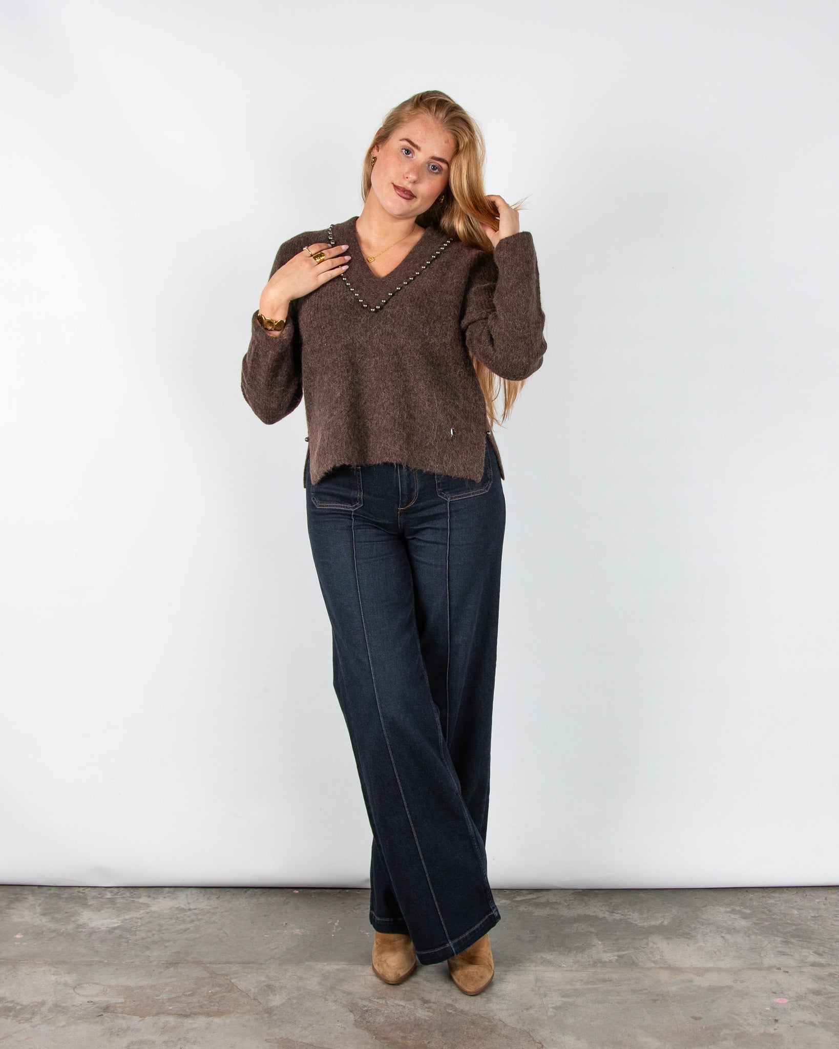 Mos Mosh Zora Soft Knit Jumper with Beading and Collar Chocolate