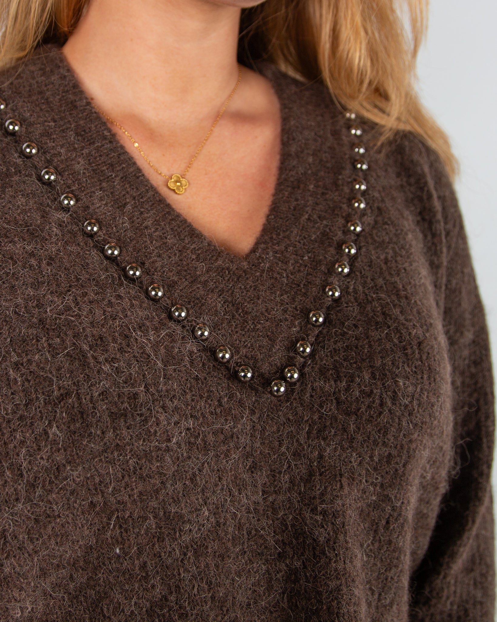 Mos Mosh Zora Soft Knit Jumper with Beading and Collar Chocolate